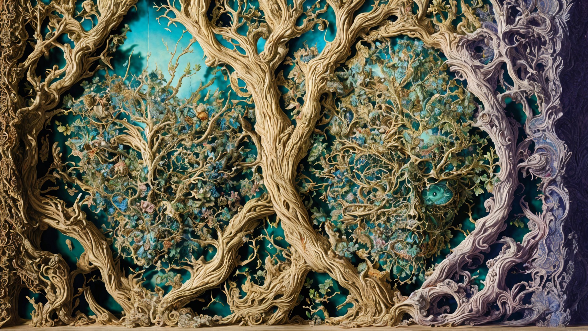 Surreal Intertwining Trees with Vibrant Foliage