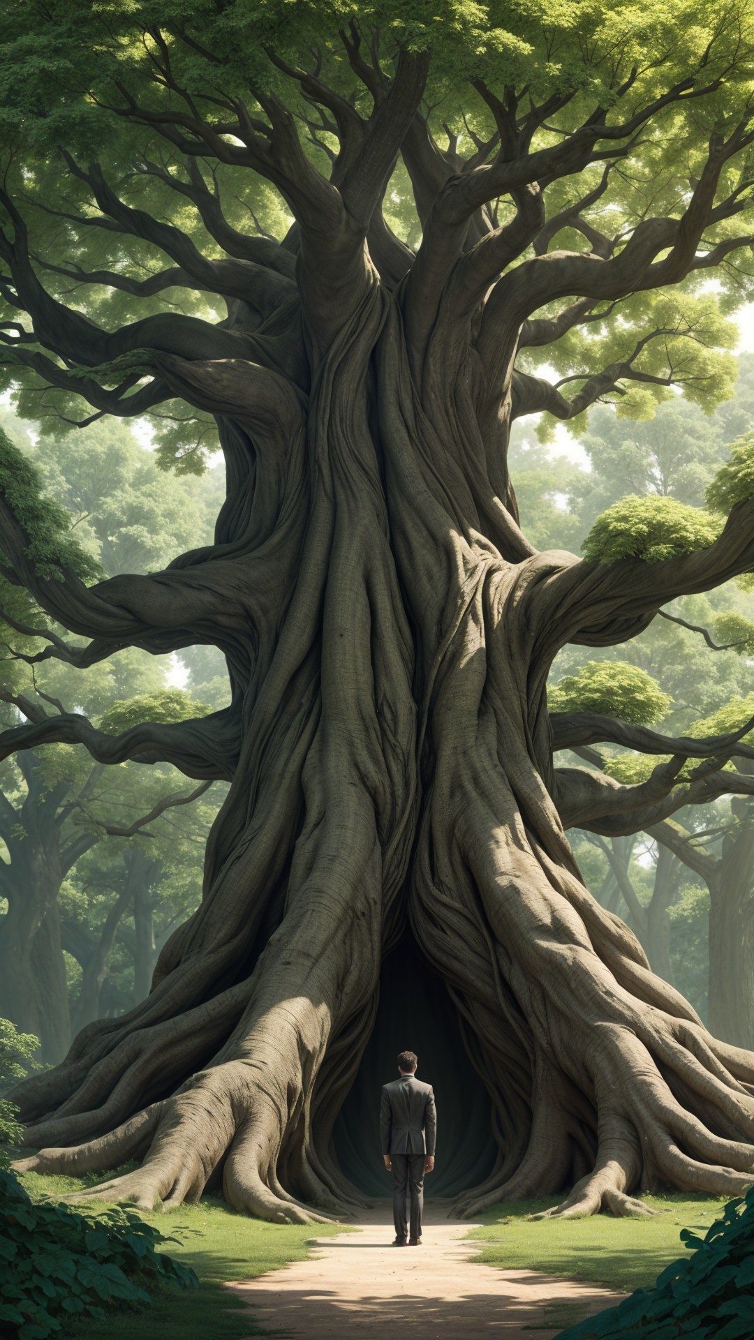 Ancient Tree with Gnarled Roots and Dark Opening