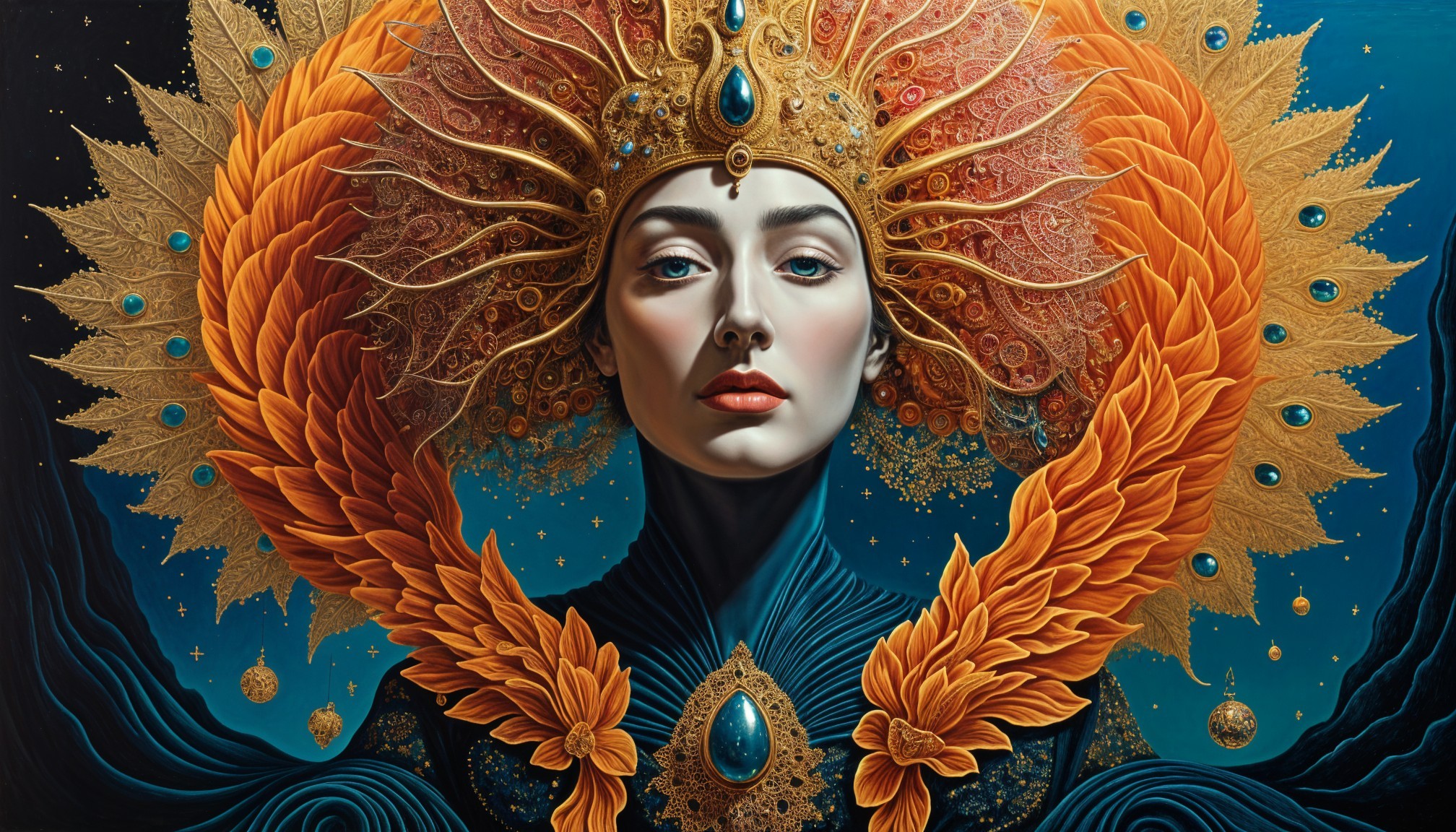 Portrait of a Woman with Elaborate Headdress and Patterns