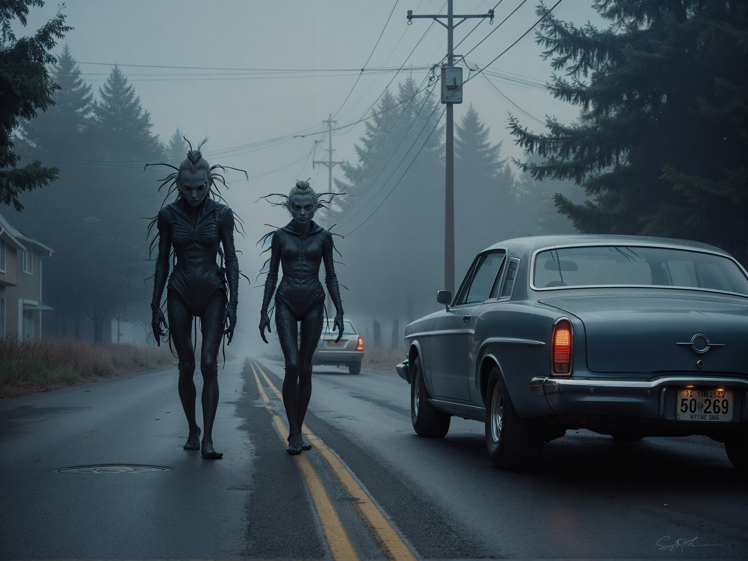 Alien Figures in Foggy, Desolate Landscape