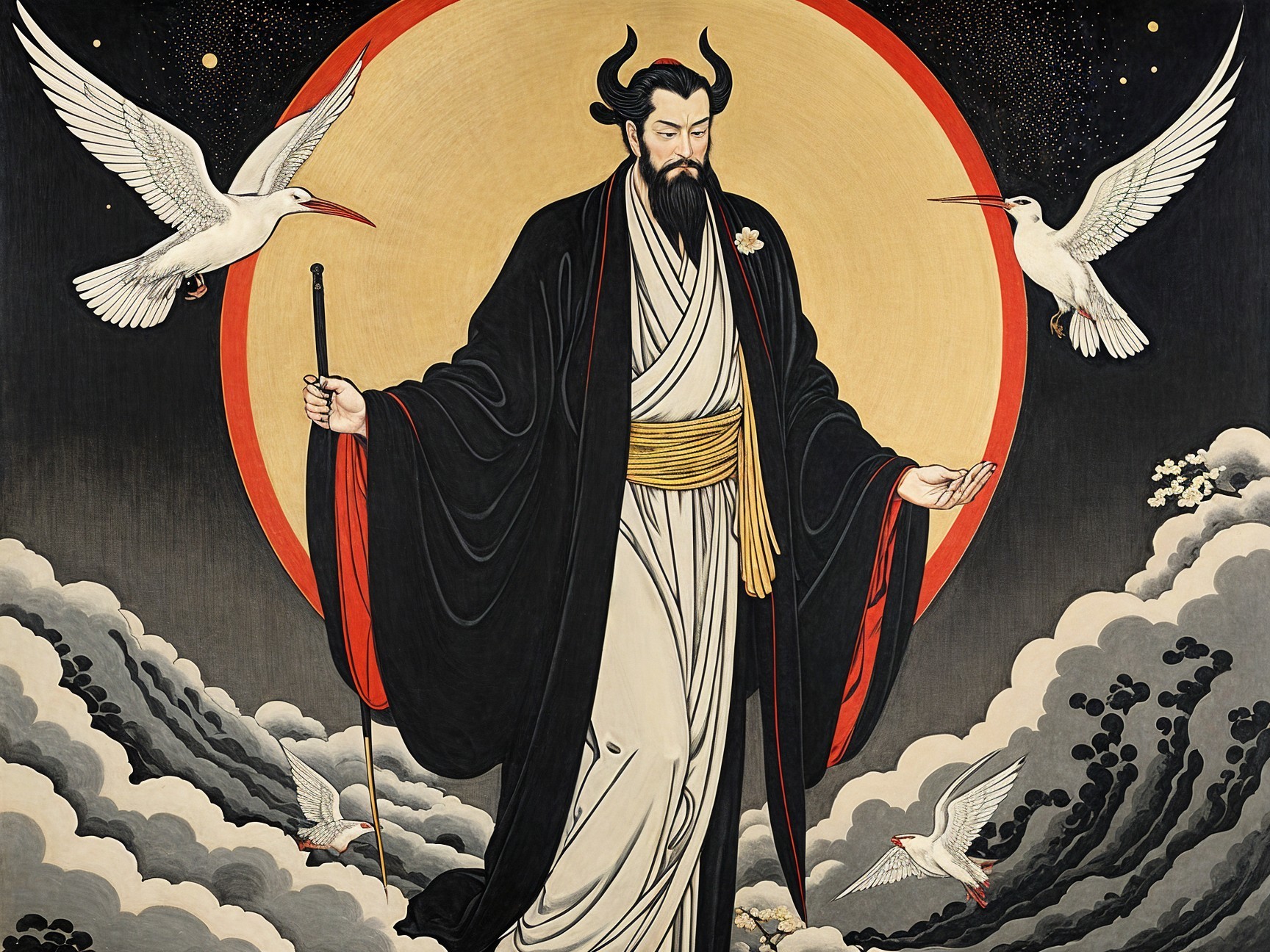 Regal figure in robes against a red moon backdrop