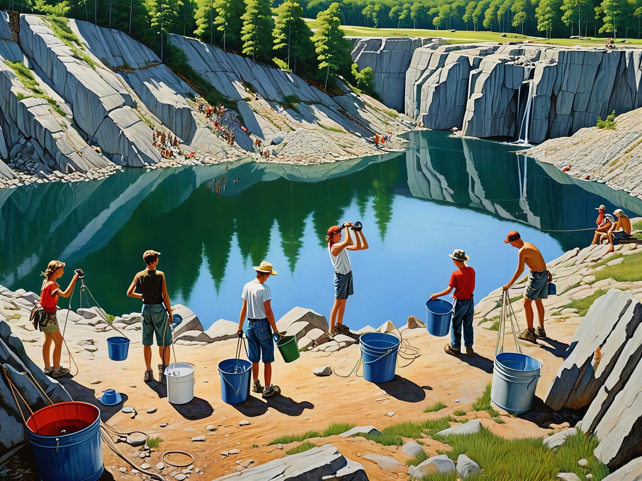 Lake Scene with People and Rocky Terrain Illustration