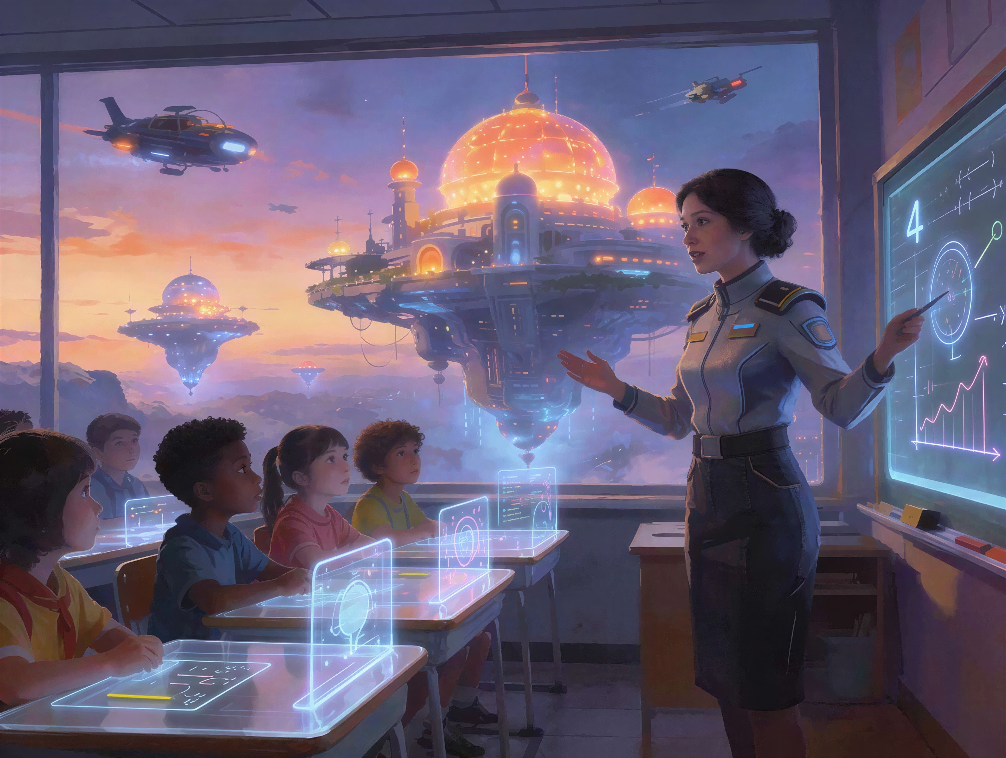 Futuristic Classroom with Teacher and Diverse Students