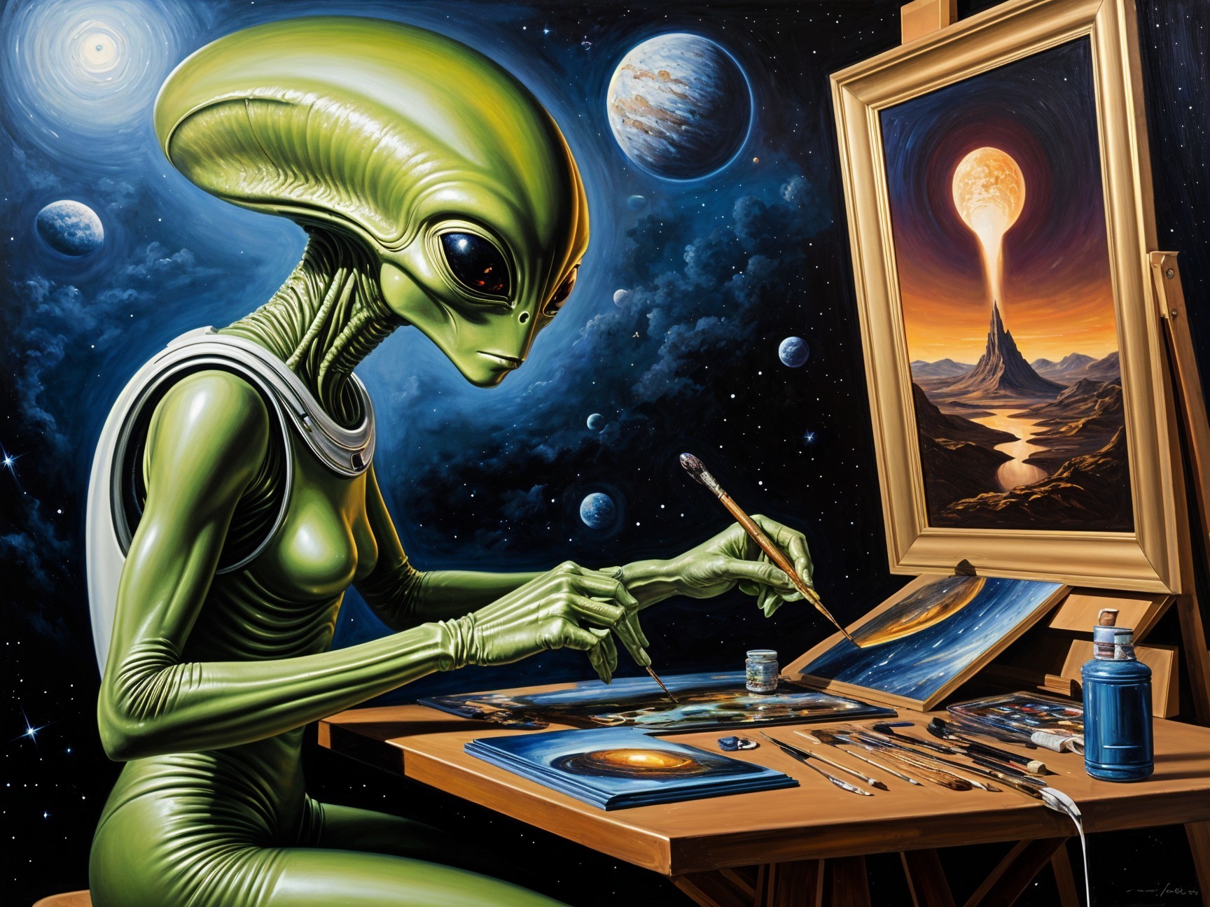 Green Extraterrestrial Painting Cosmic Landscape in Space