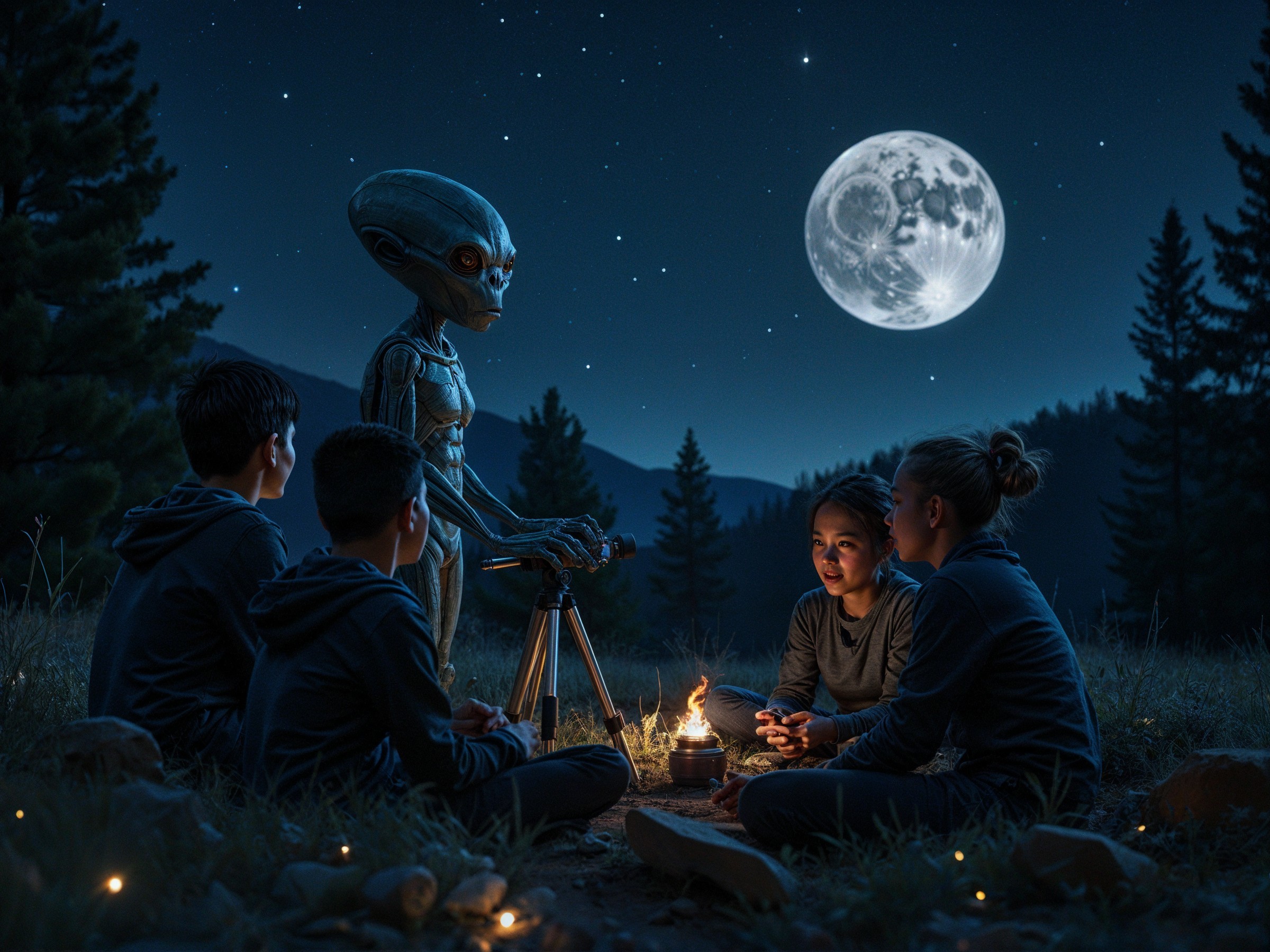 Alien Encounter with Children Under a Starry Sky