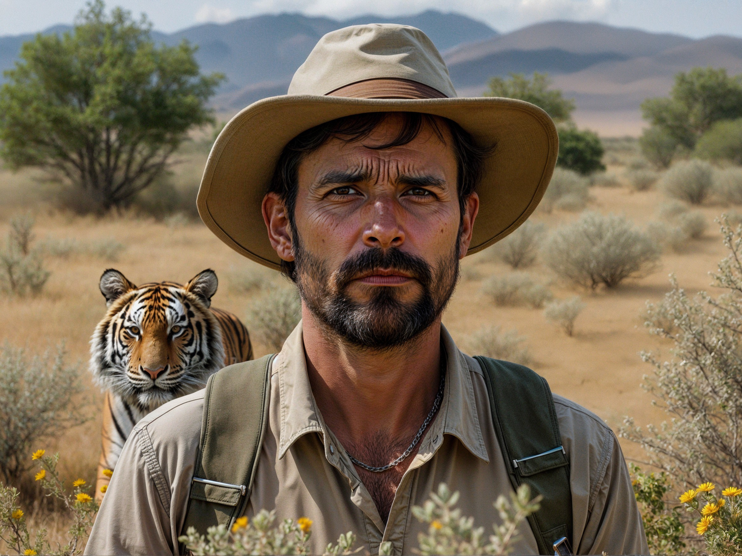 Rugged Man with Tiger in Serene Landscape Scene