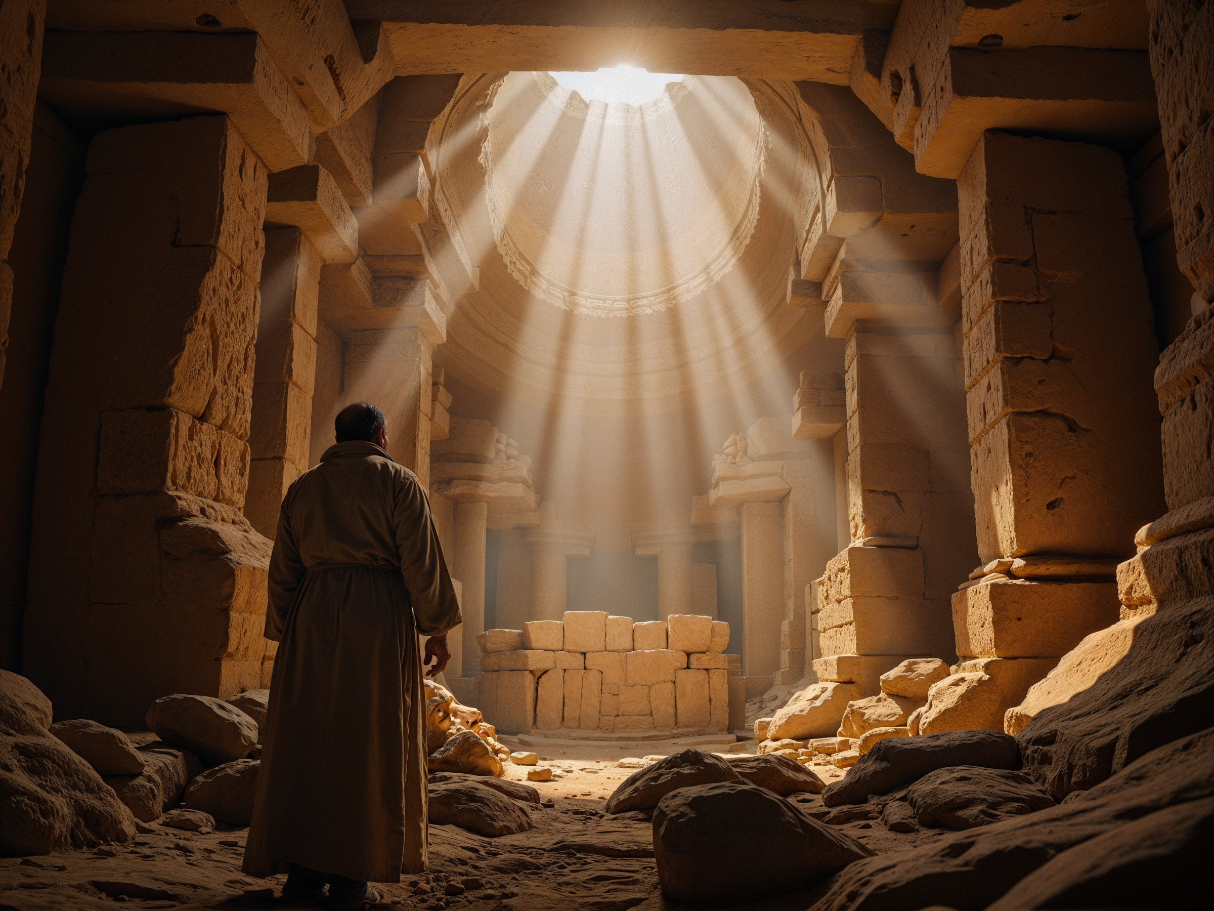 Ancient Temple with Sunlight and Solitary Figure