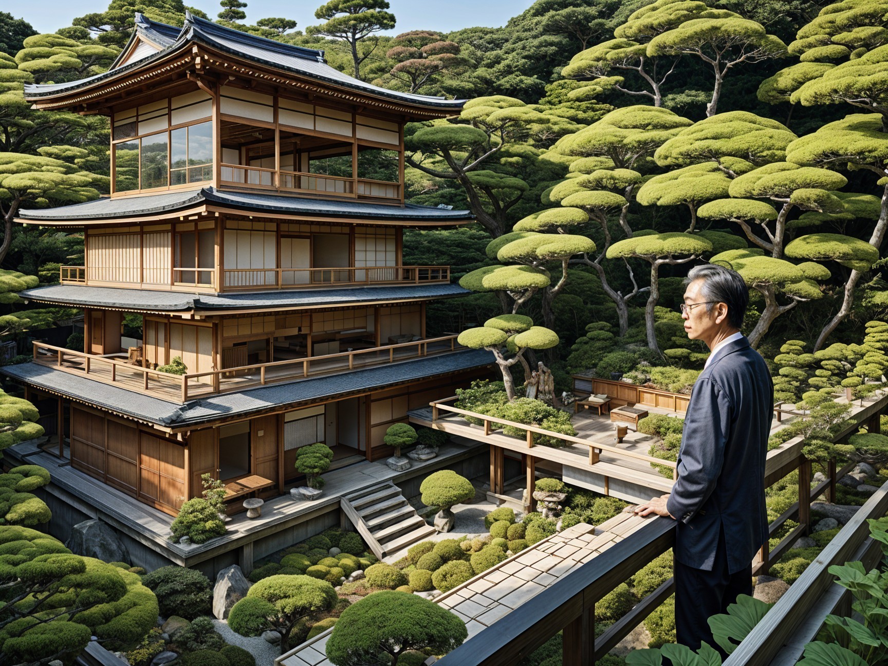 Man in formal attire on balcony overlooking garden