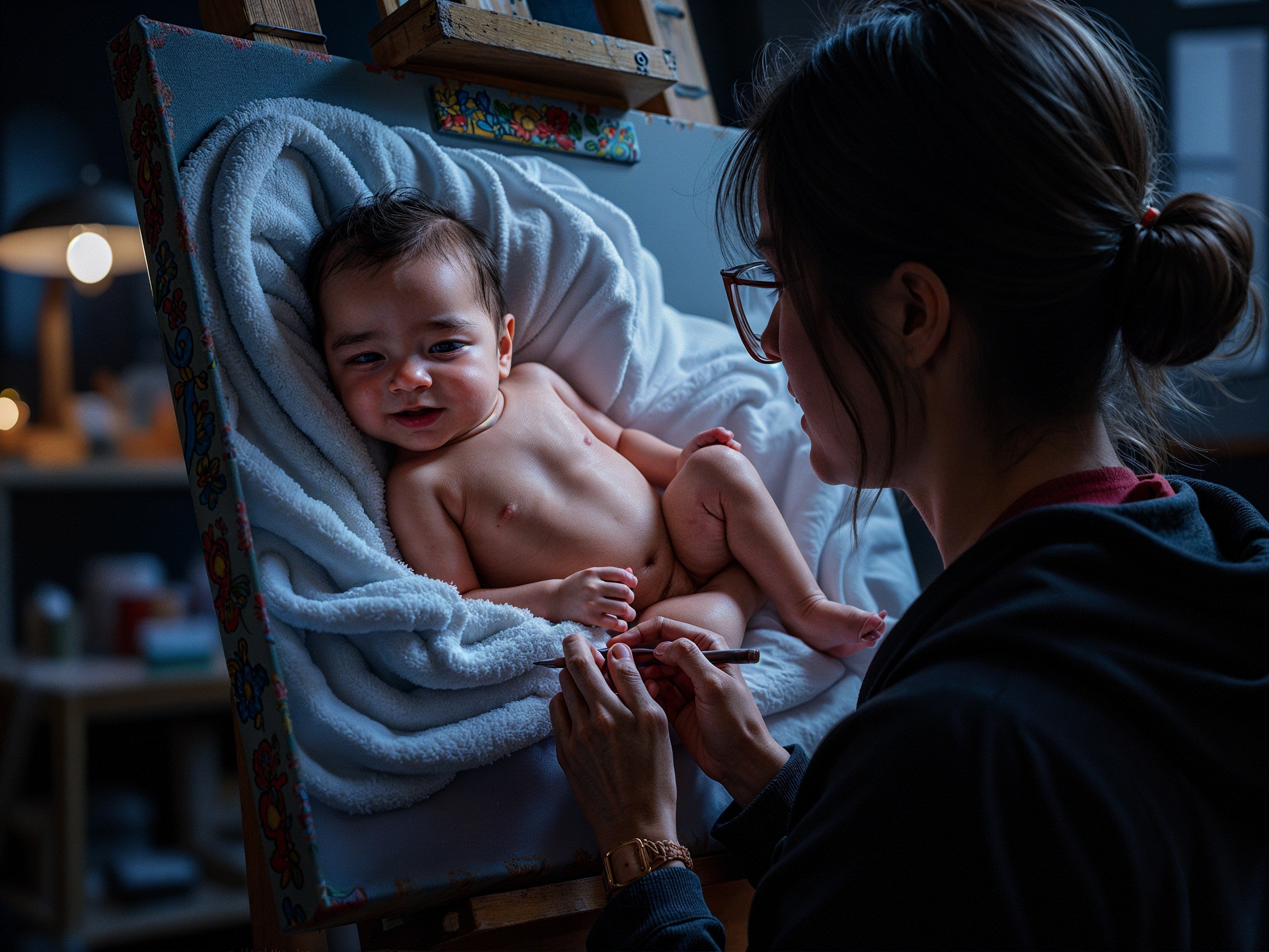 Cozy Studio Scene of Artist Painting Baby Portrait