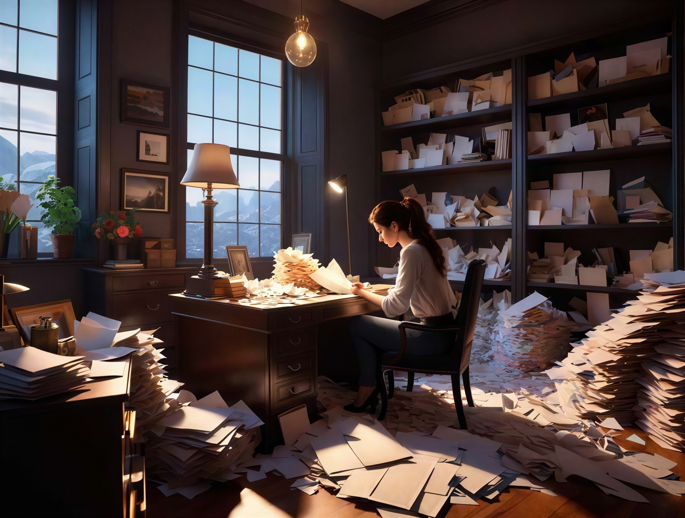 Cinematic Scene of a Young Woman Writing in Dark Study