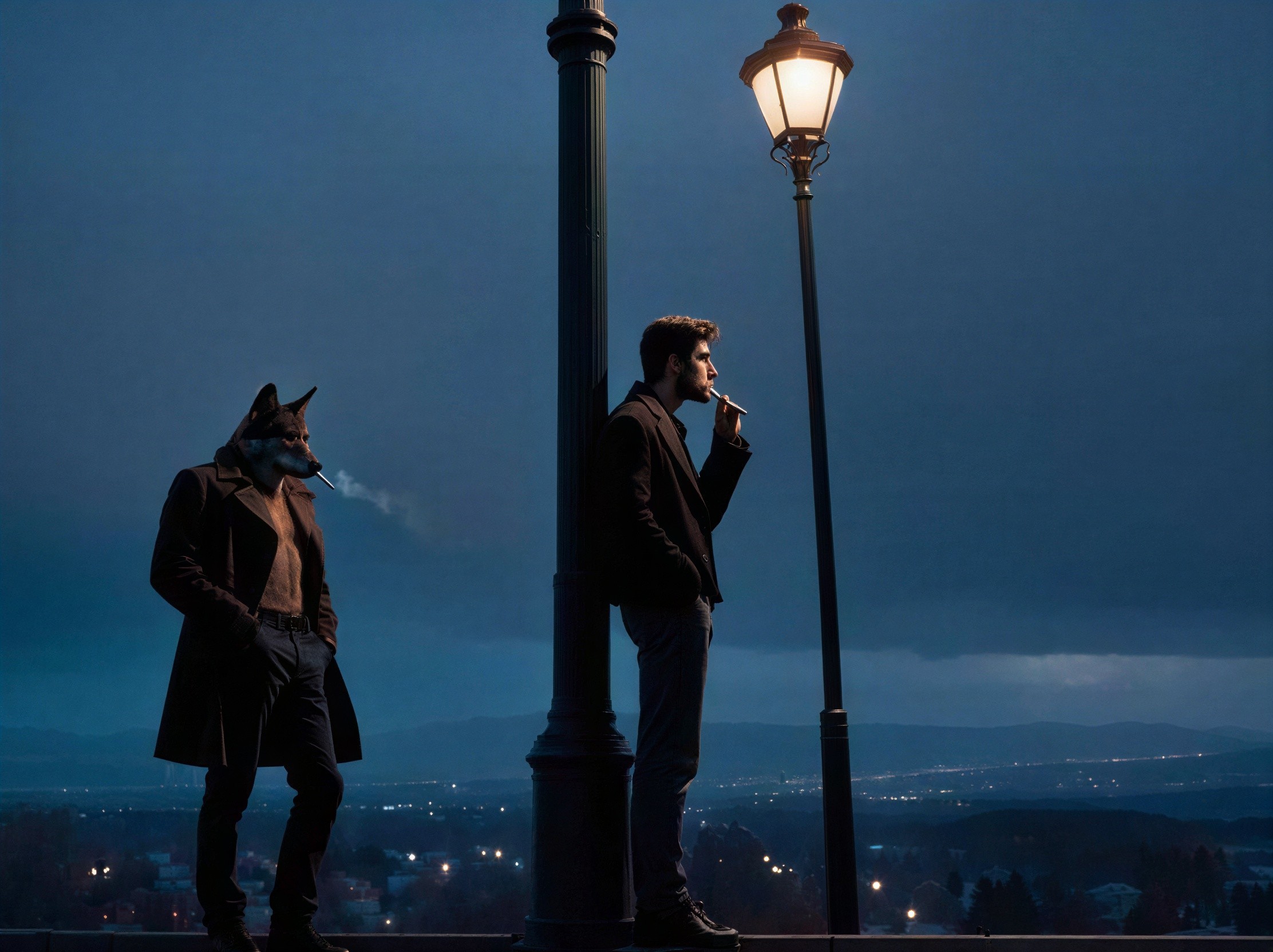Man with Wolf Head and Vaping Man in Urban Setting