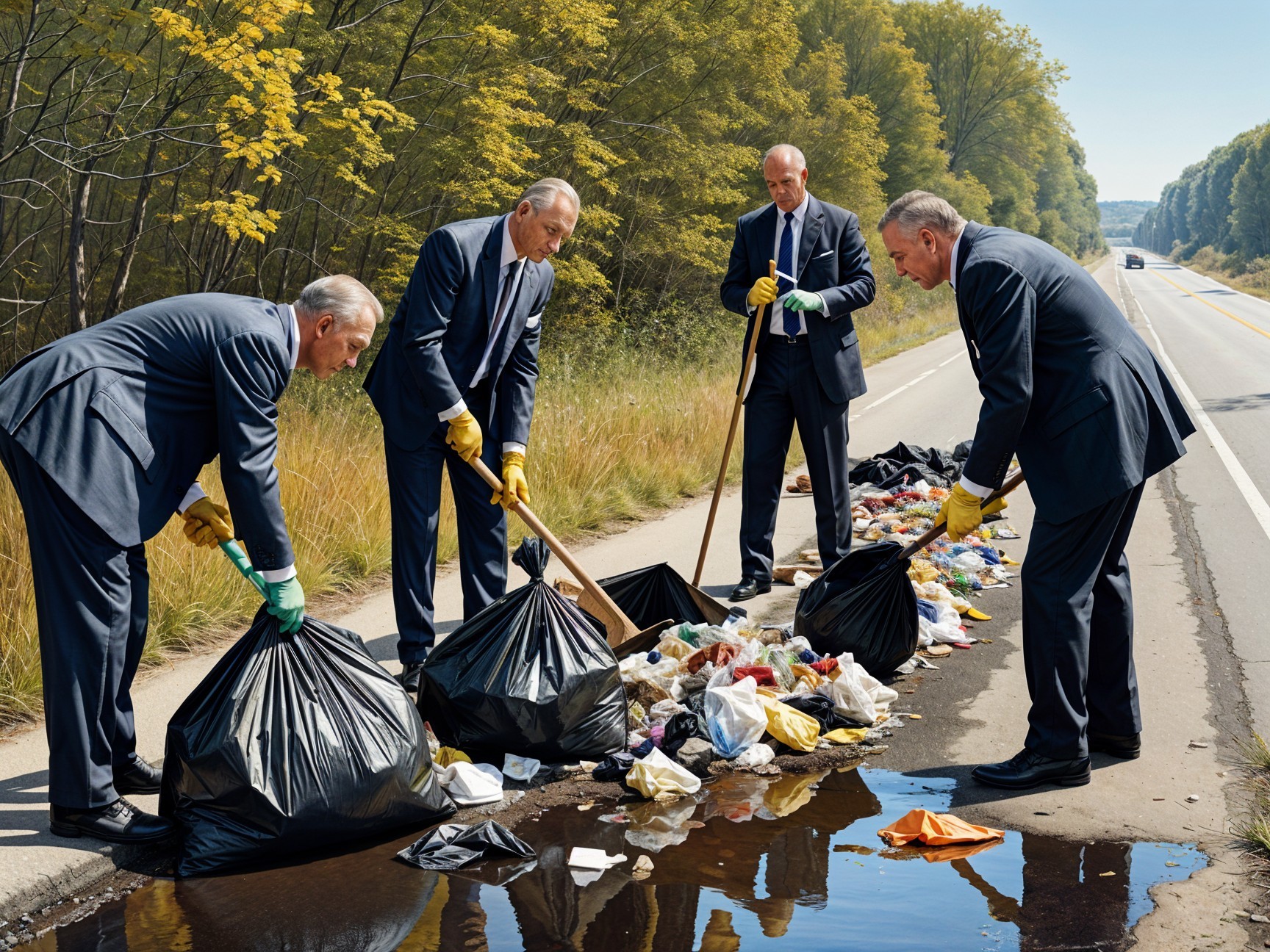 Men in Suits Collecting Litter by Roadside