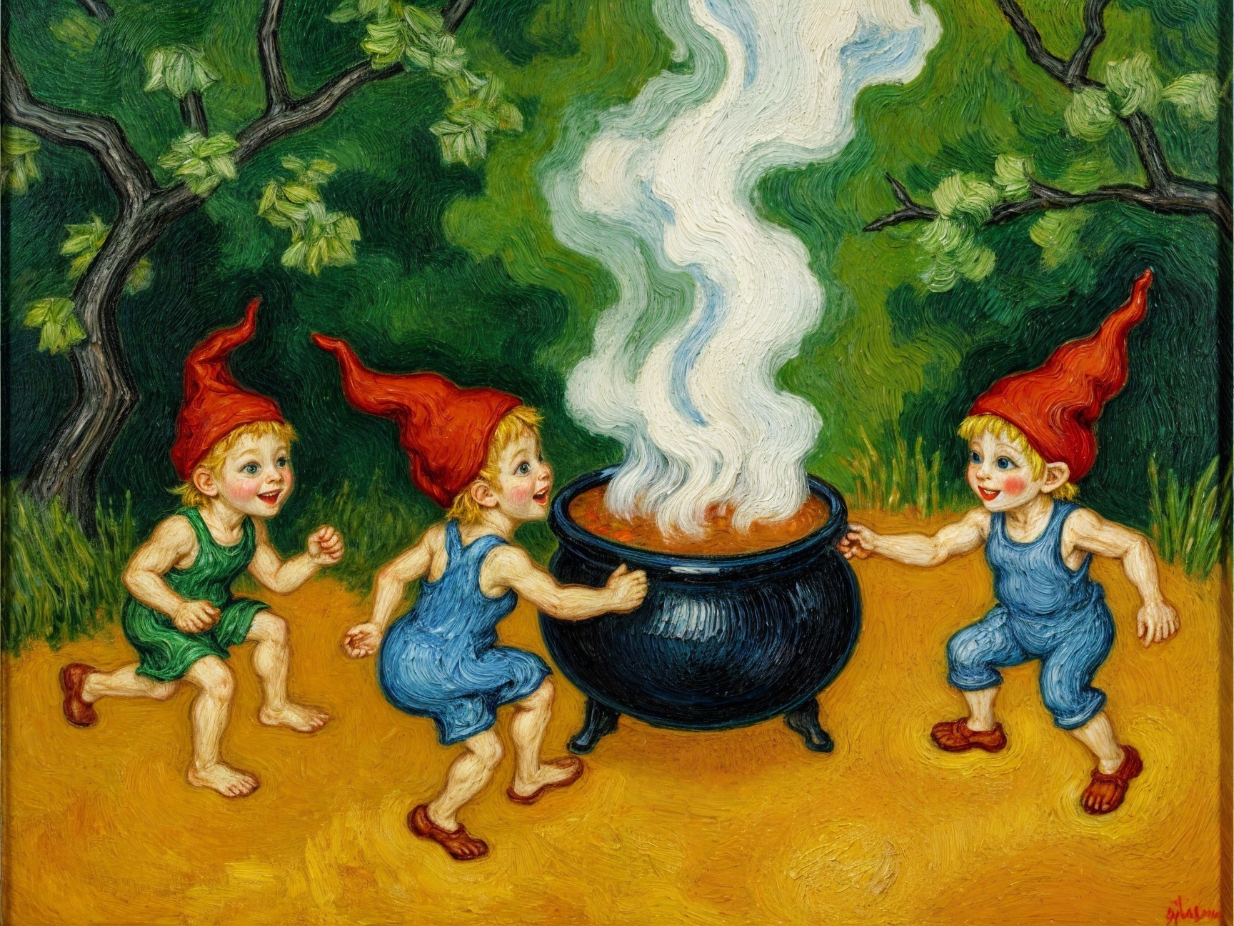 Gnomes Gather Around Cauldron in Magical Setting