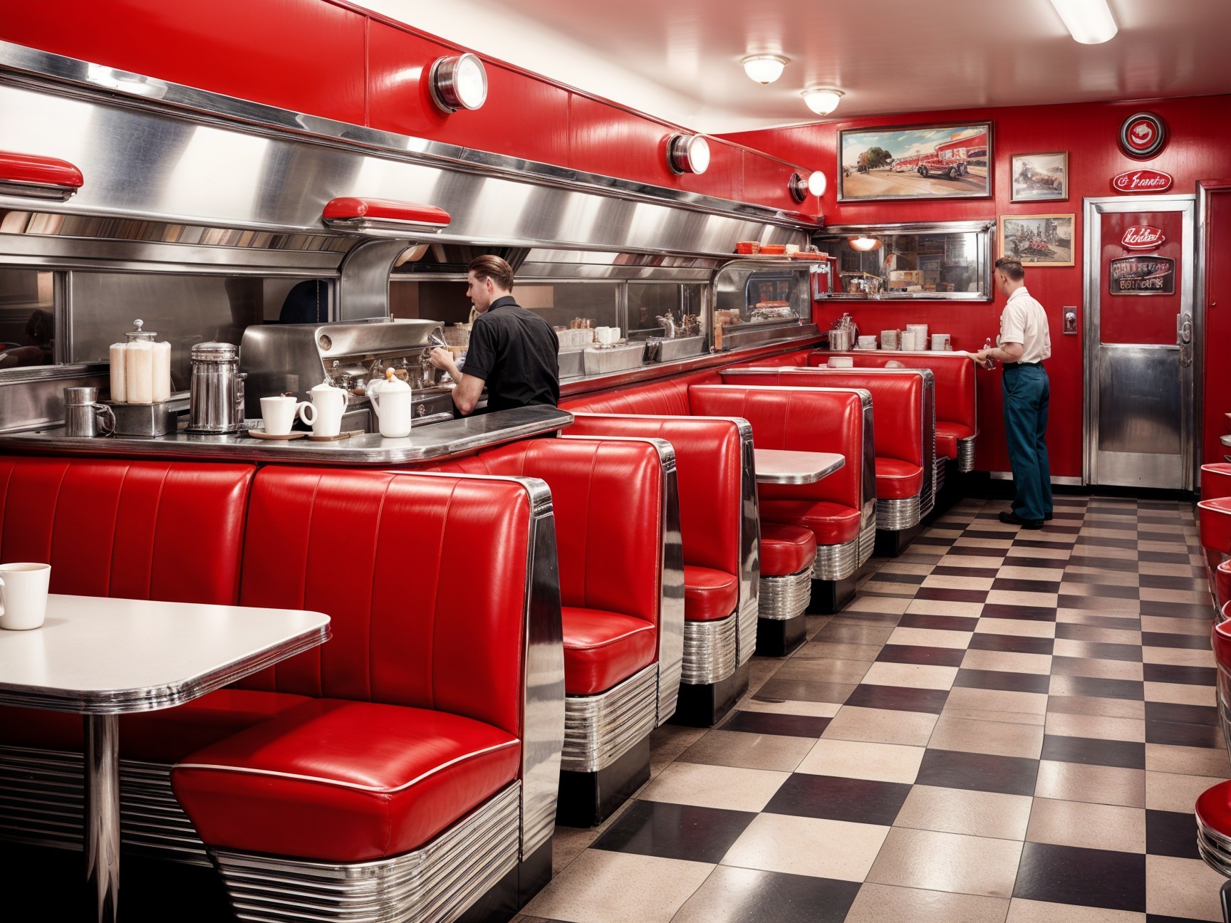 Retro Diner with Red Booths and Vintage Decor