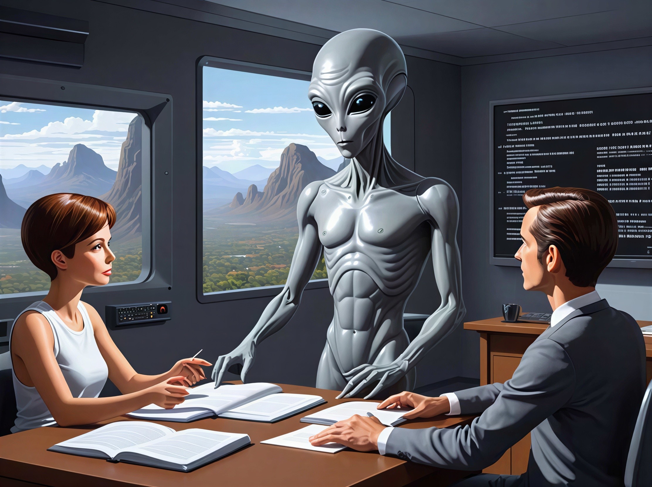 Alien and Humans in Office Setting at Meeting Table