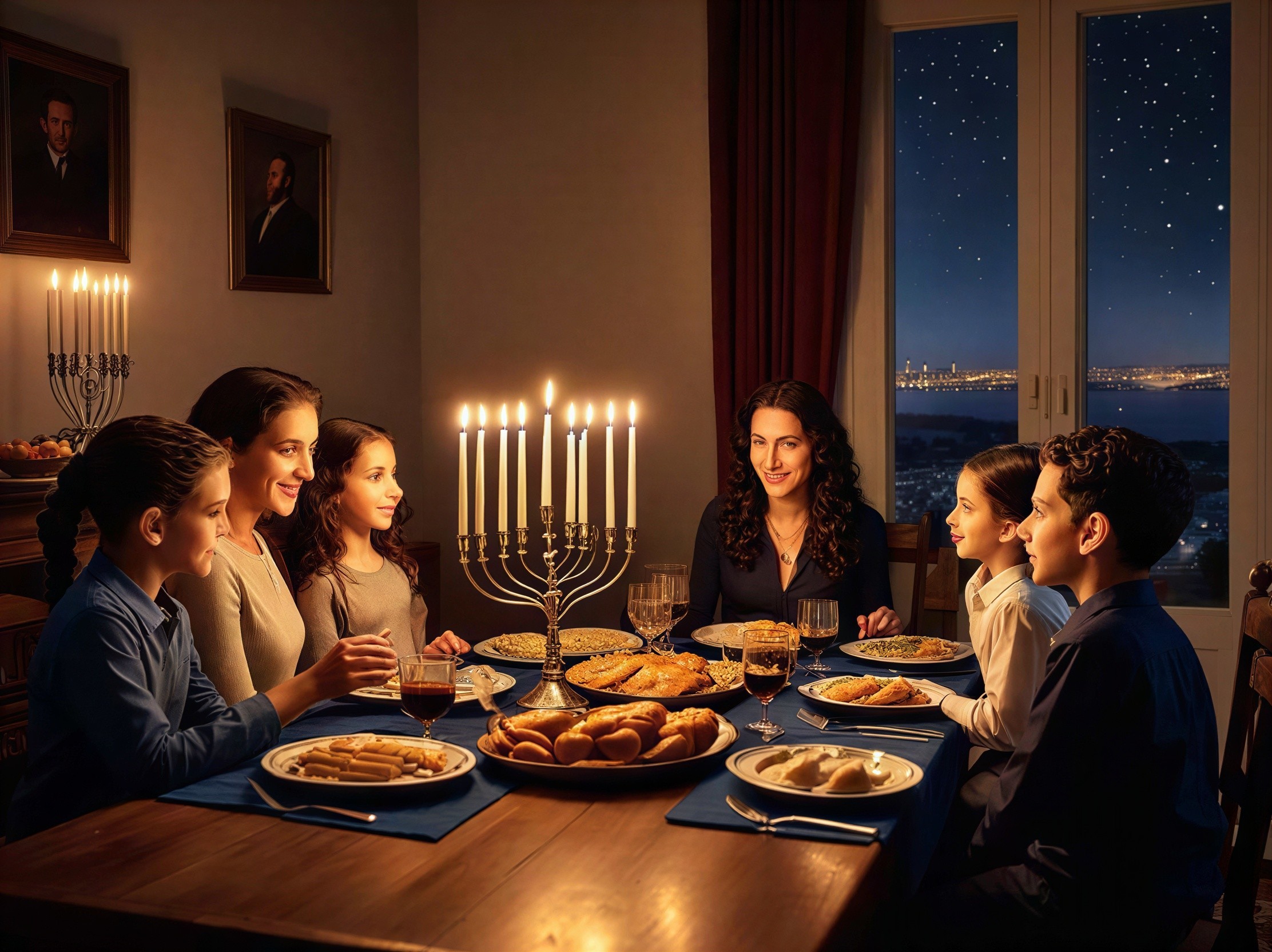 Family Gathering Around Menorahs and Festive Table Setting
