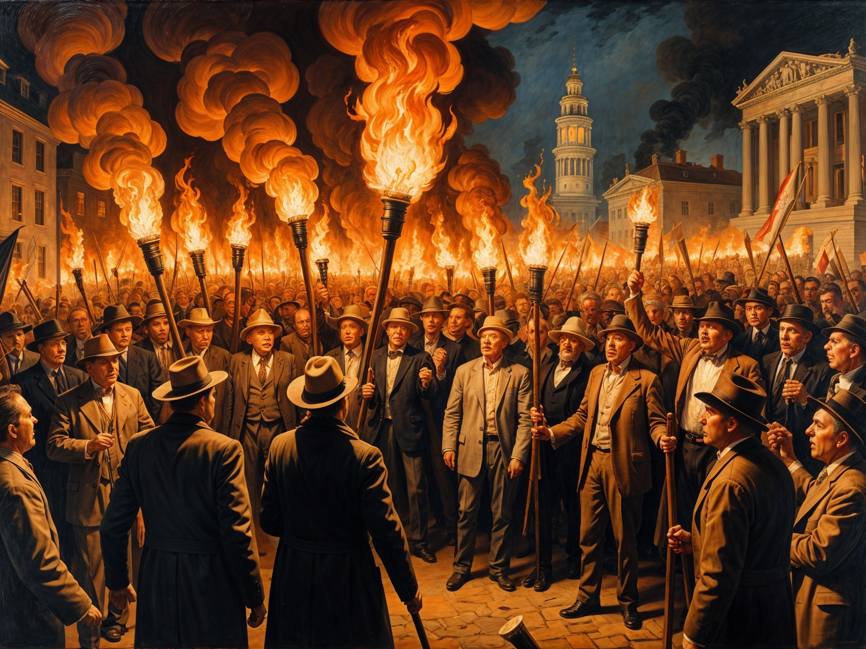 Crowd with Torches in Early 20th Century Setting