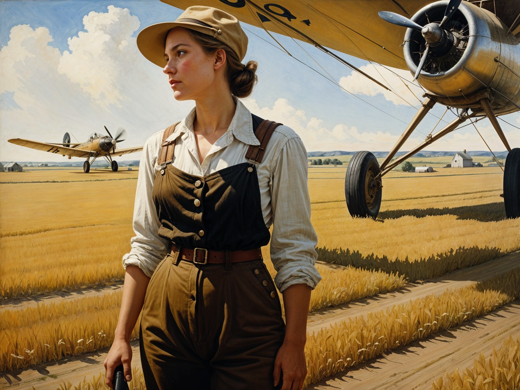 Woman in Vintage Aviator Outfit in Wheat Field