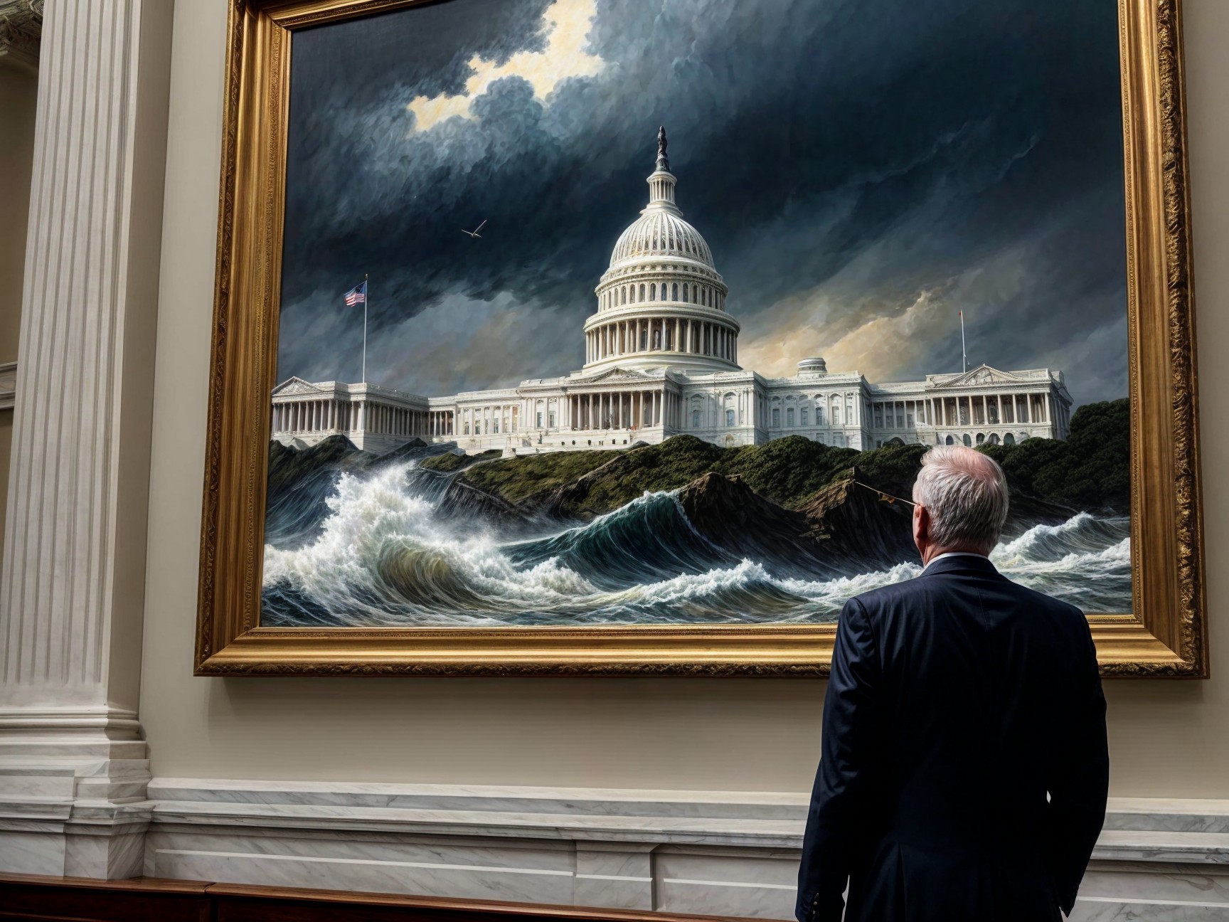 Dramatic Painting of U.S. Capitol with Turbulent Waves