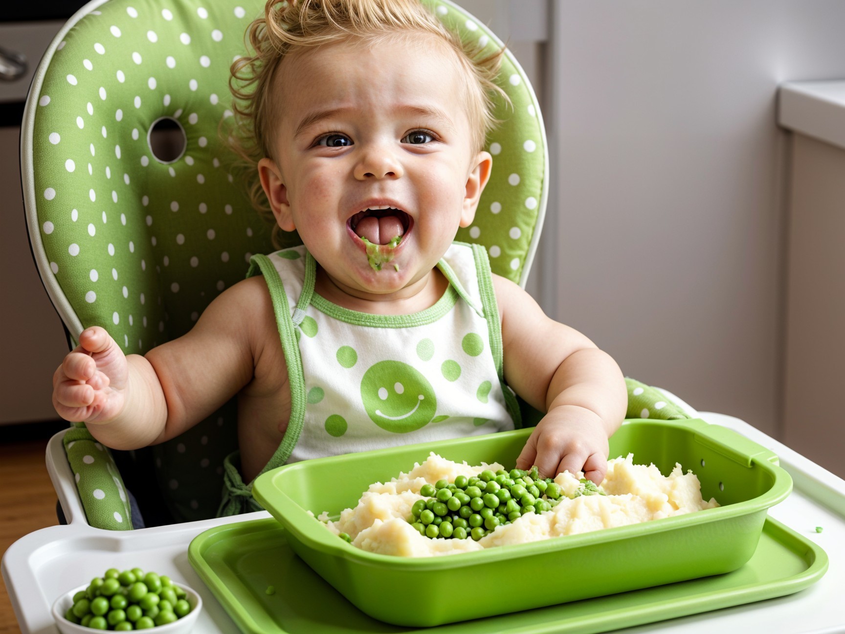Cheerful Baby in High Chair with Messy Mealtime Food