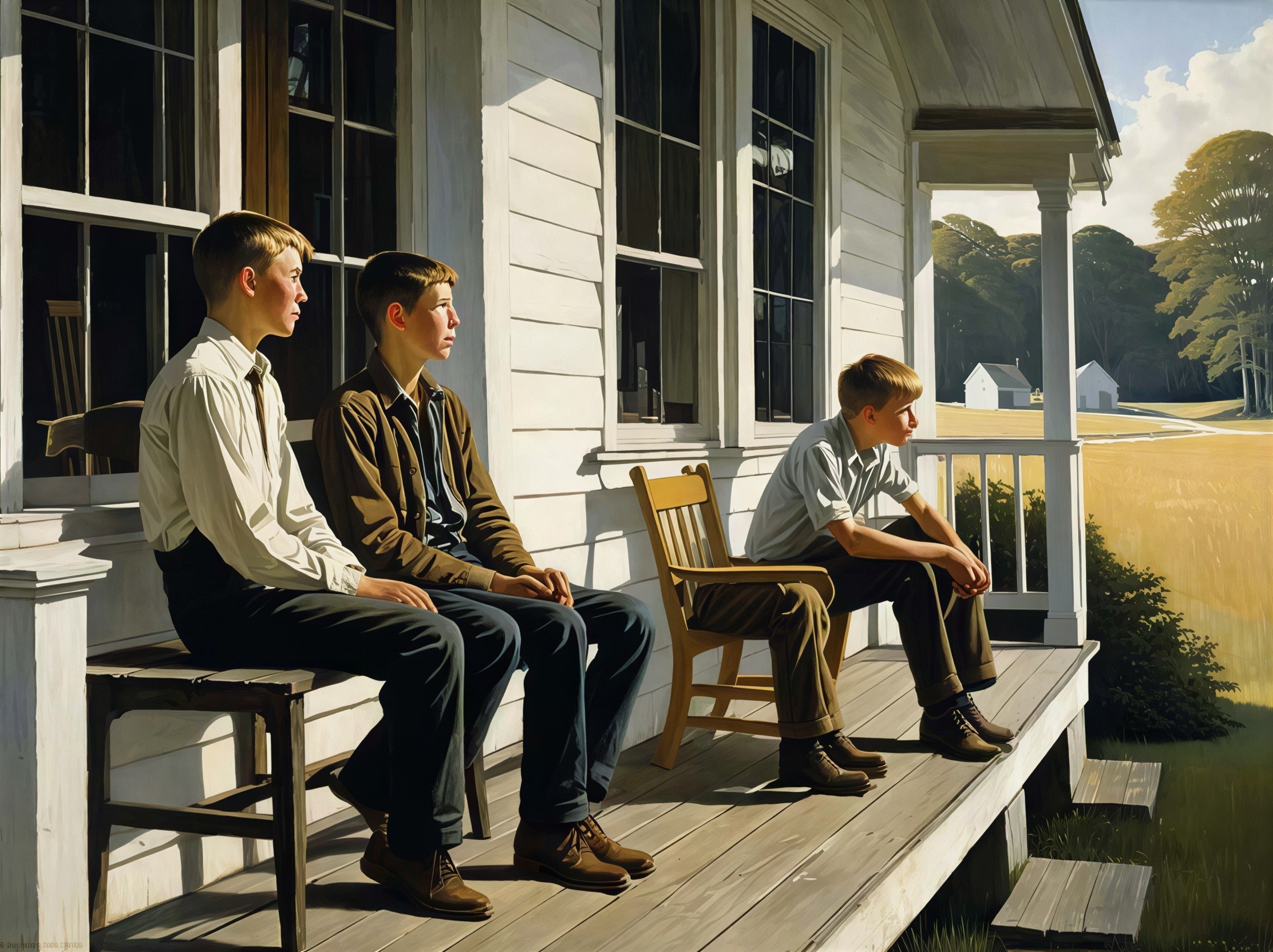 Oil Painting of Three Boys on a Sunlit Porch