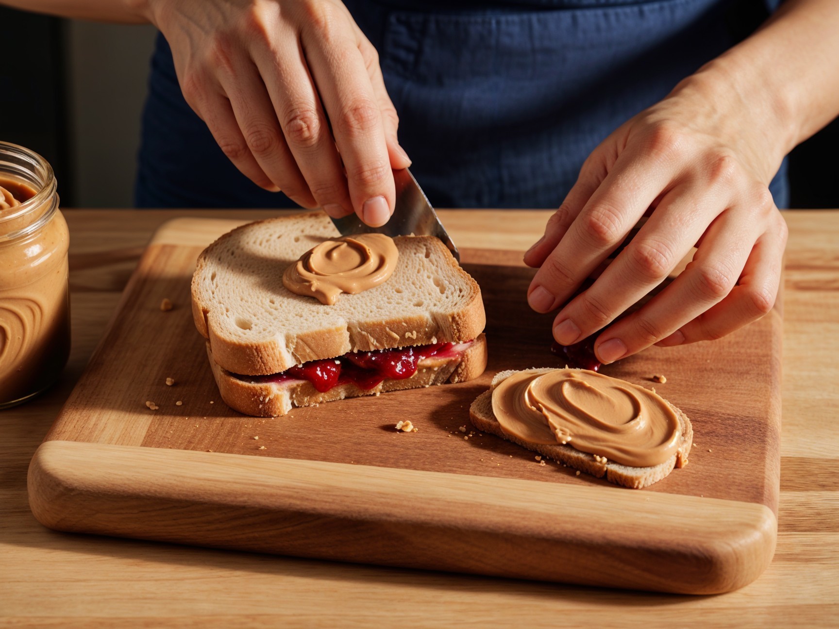 Peanut Butter Sandwich Preparation on Wooden Cutting Board