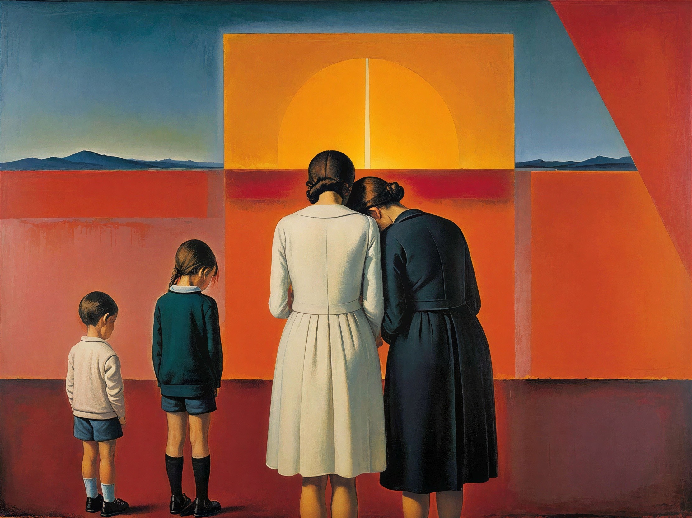 Oil Painting of Figures on Red Ground with Horizon