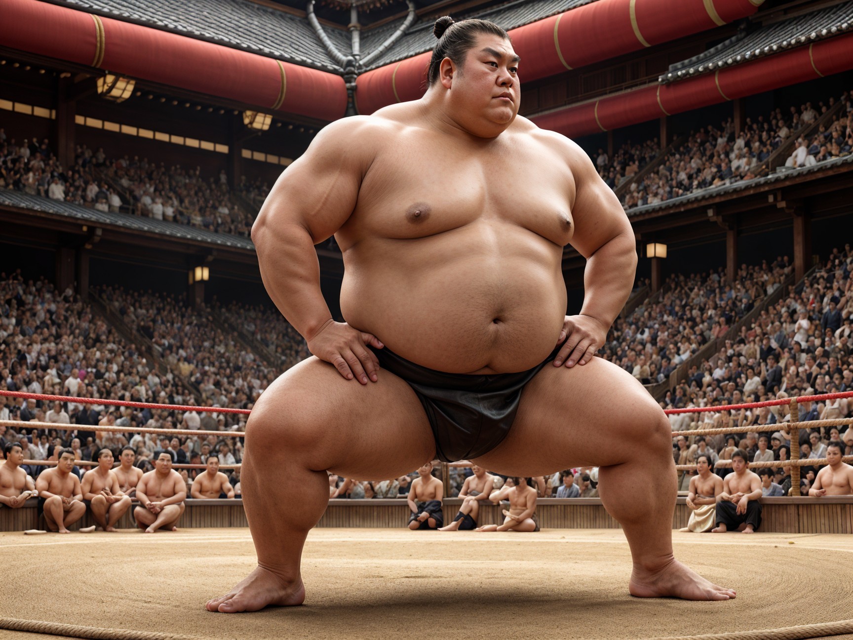 Sumo Wrestler in Traditional Stance in Arena