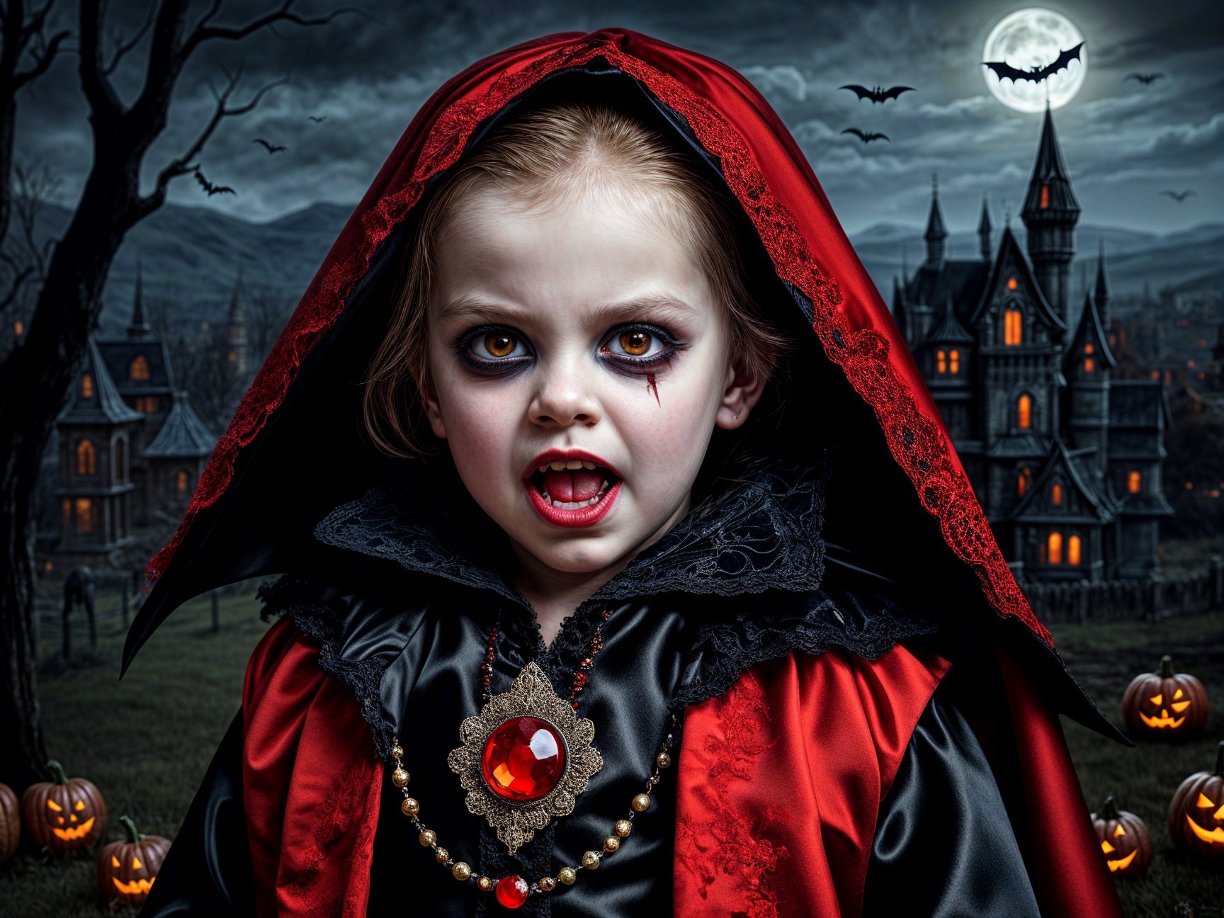 Child in Red Cloak with Spooky Halloween Setting