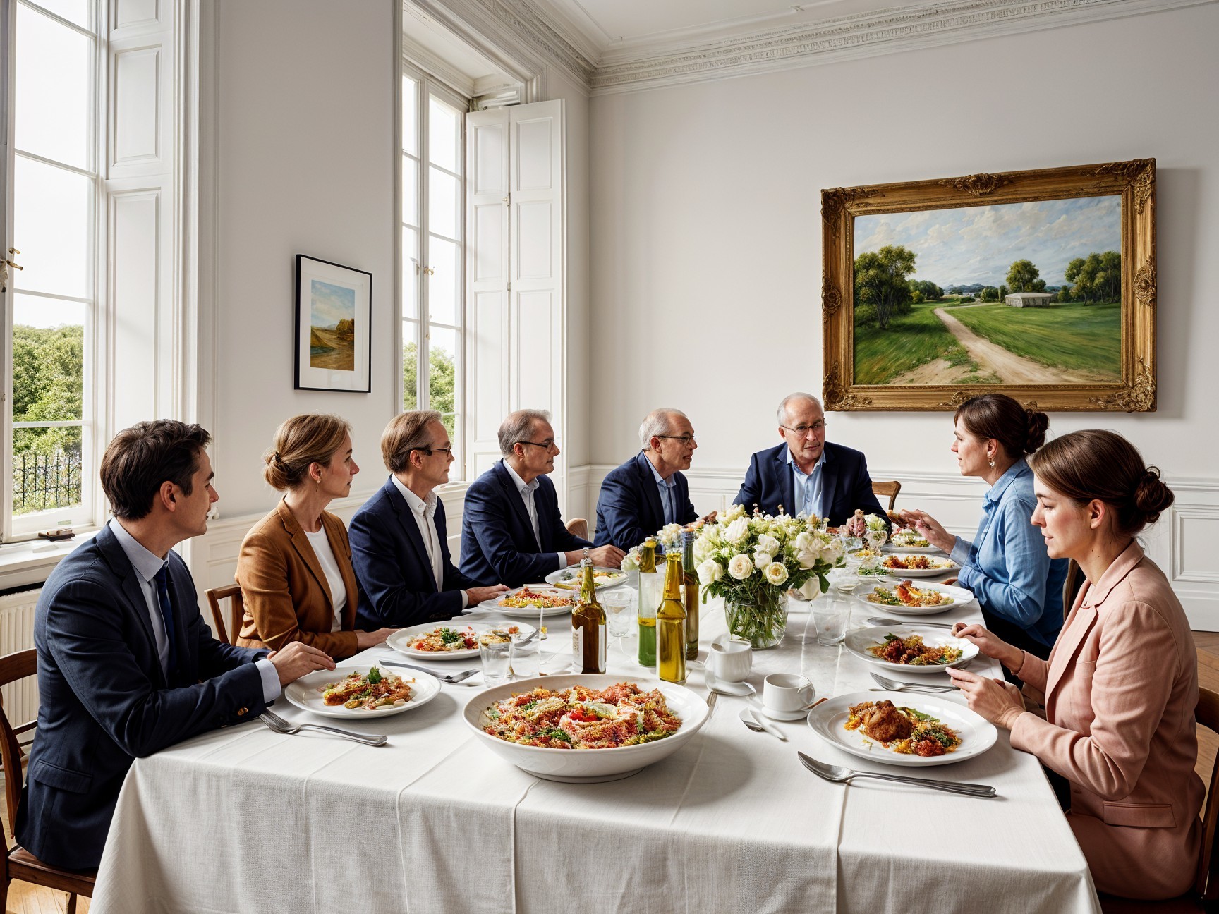 Diverse Group Dining at Elegant Table with Centerpiece