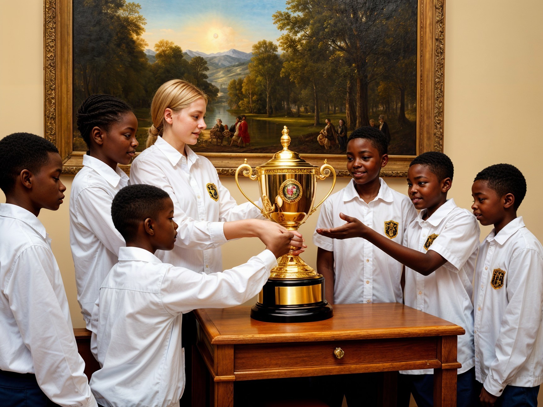 Children Celebrating with a Golden Trophy Display