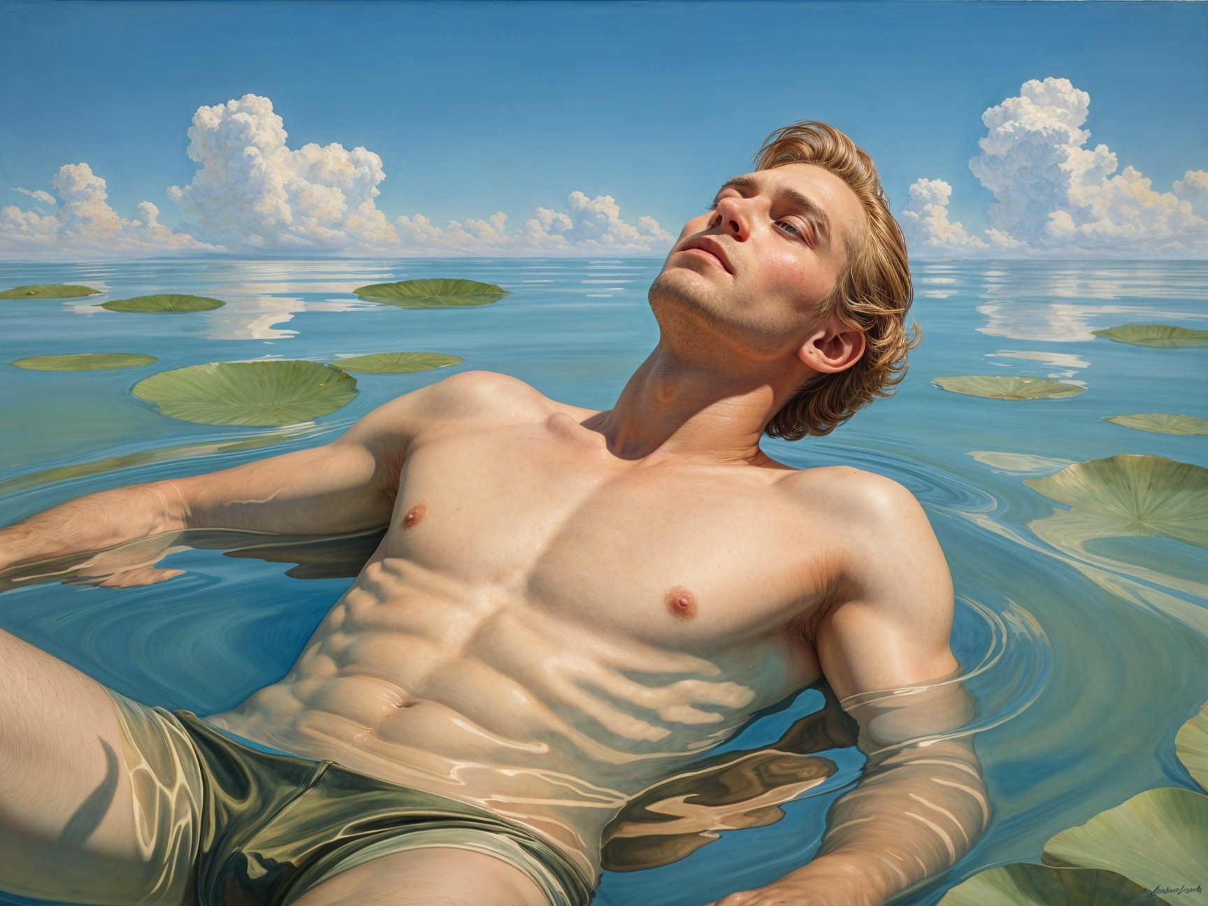 Young man floating in clear water with lily pads