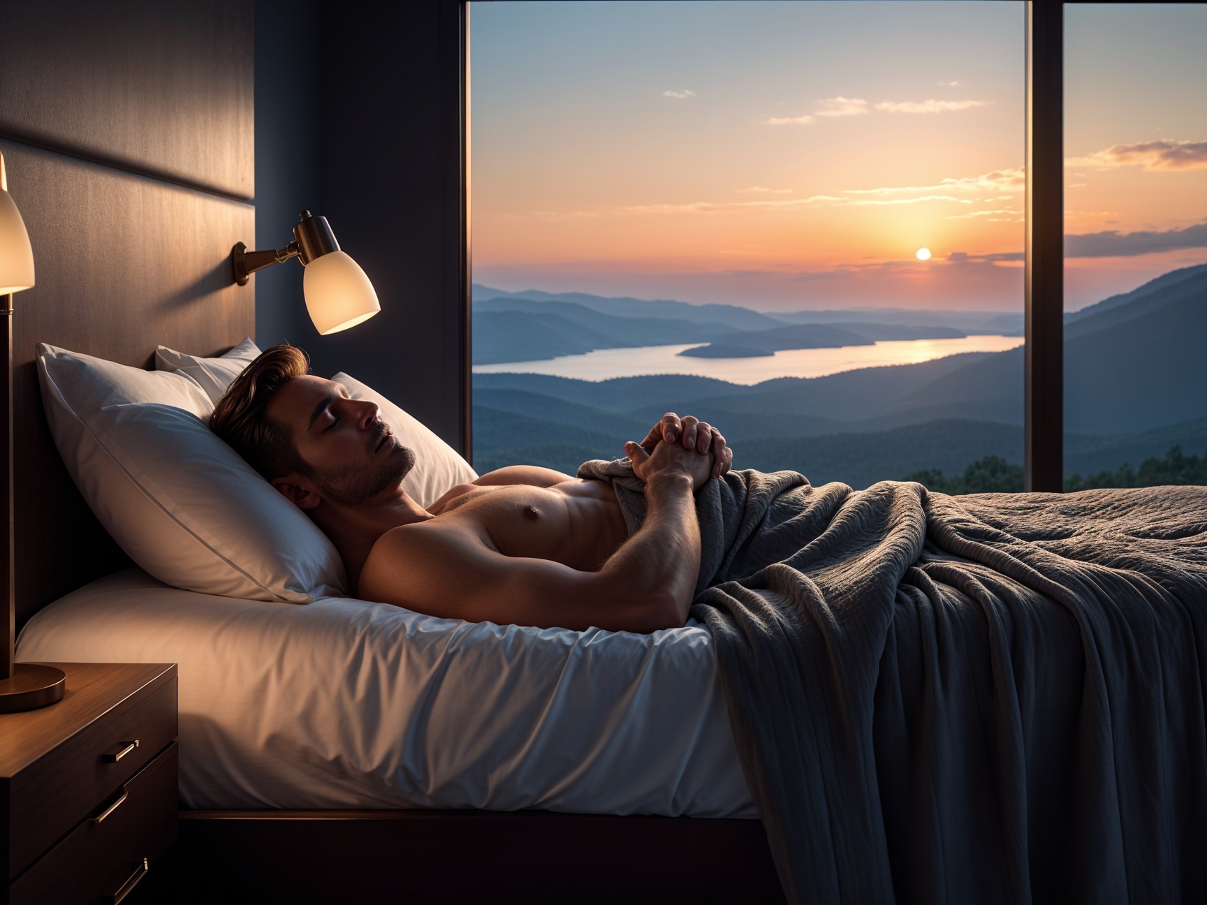 Serene Bedroom with Mountain View at Sunset