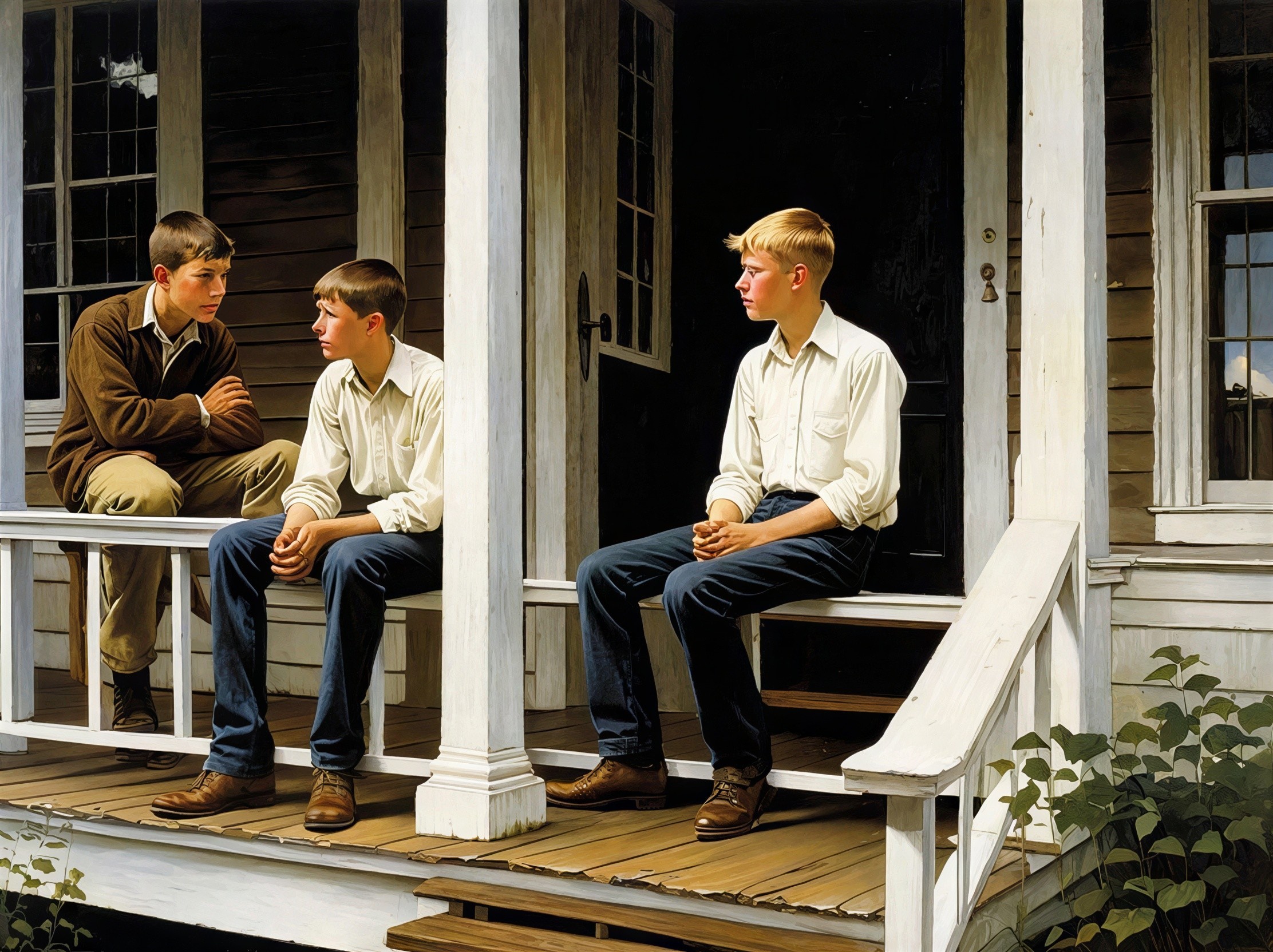 Adolescent Boys on Porch in Low-Angle Oil Painting
