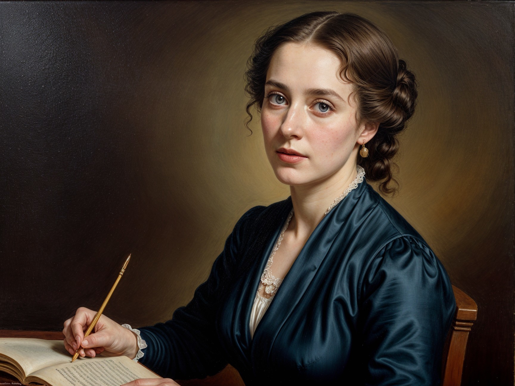 Thoughtful Young Woman in Elegant Blue Dress