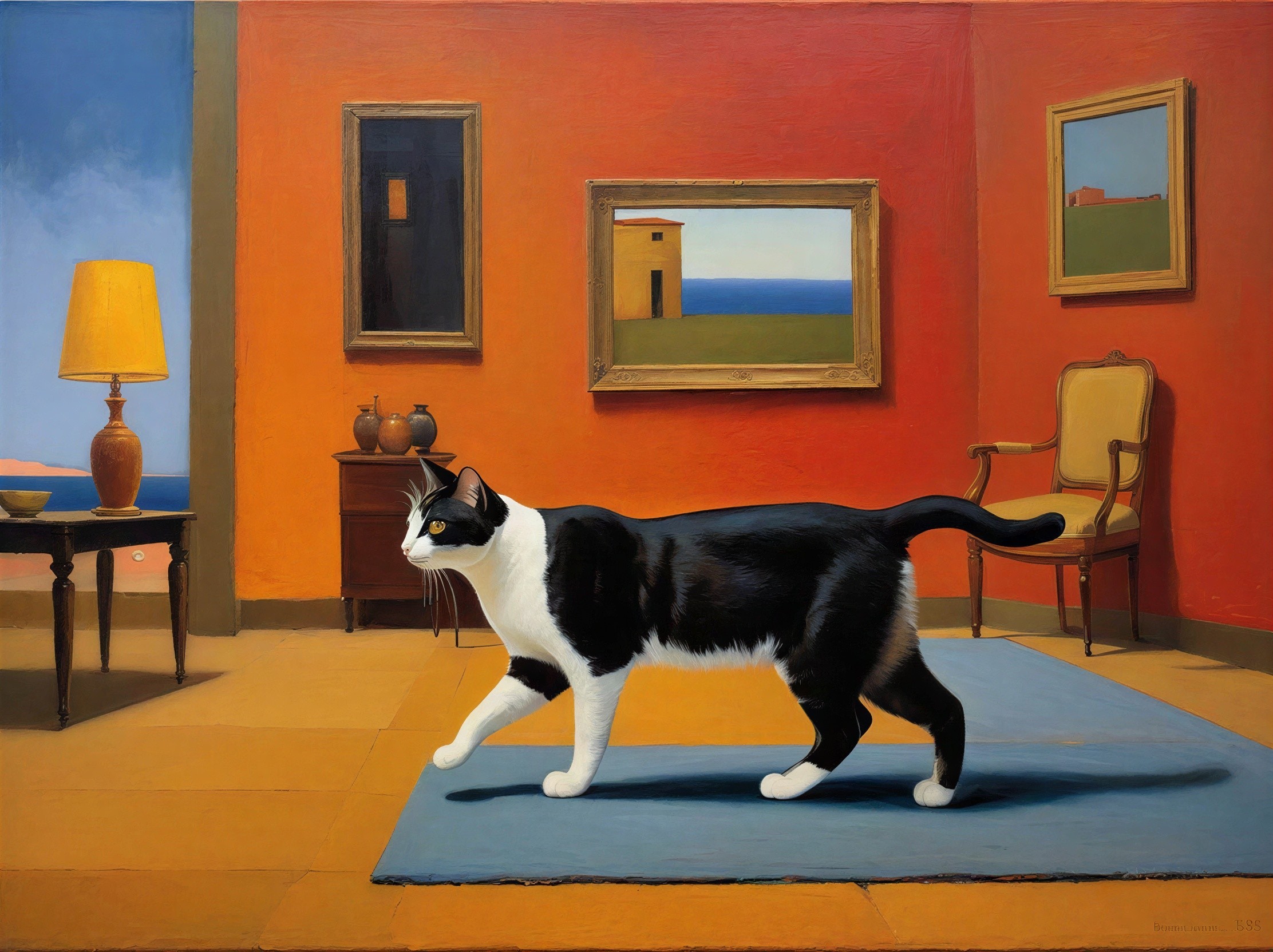 Realistic Oil Painting of a Tuxedo Cat on Rug