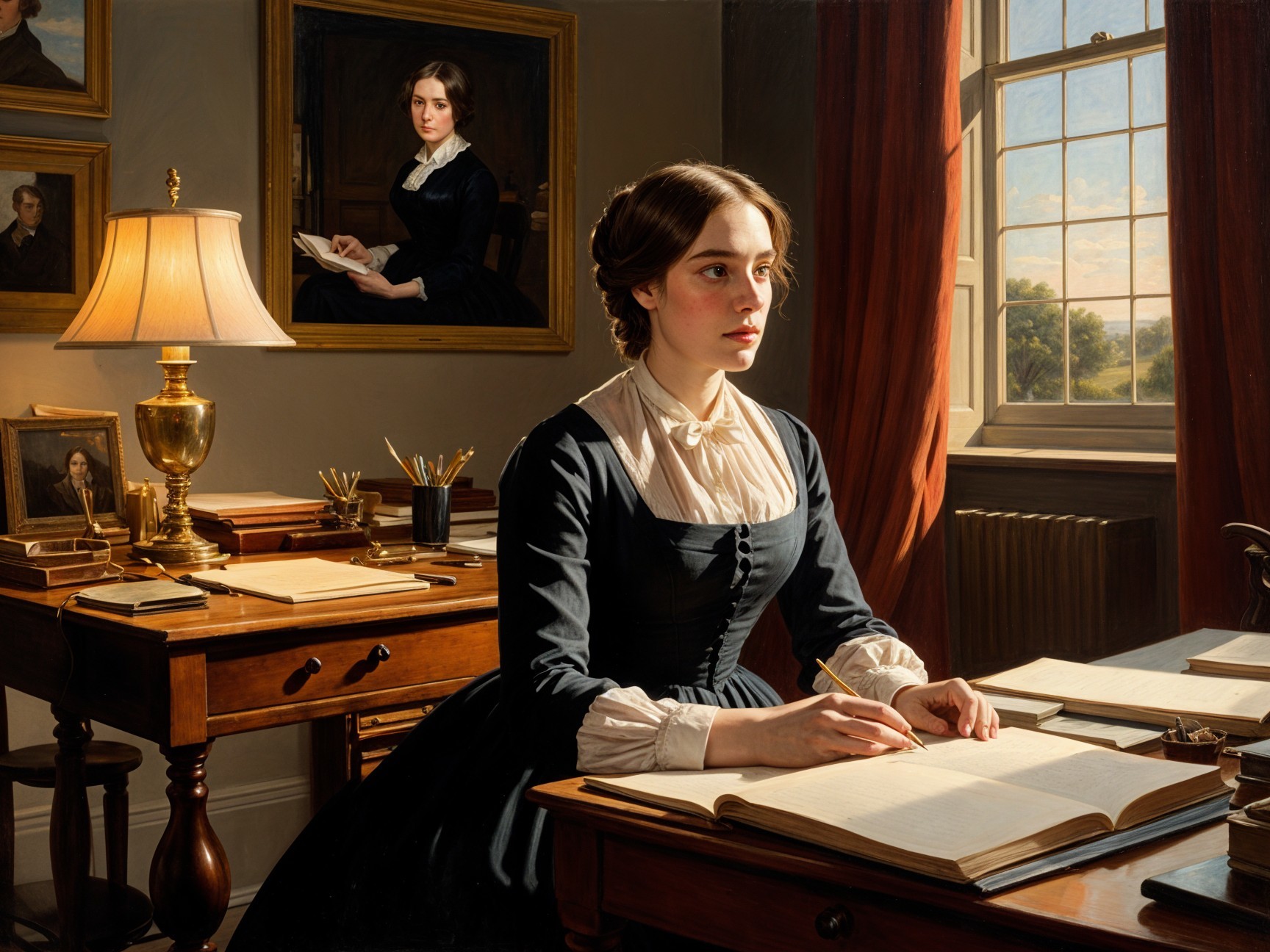 Young Woman Writing at a Wooden Desk in Warm Room