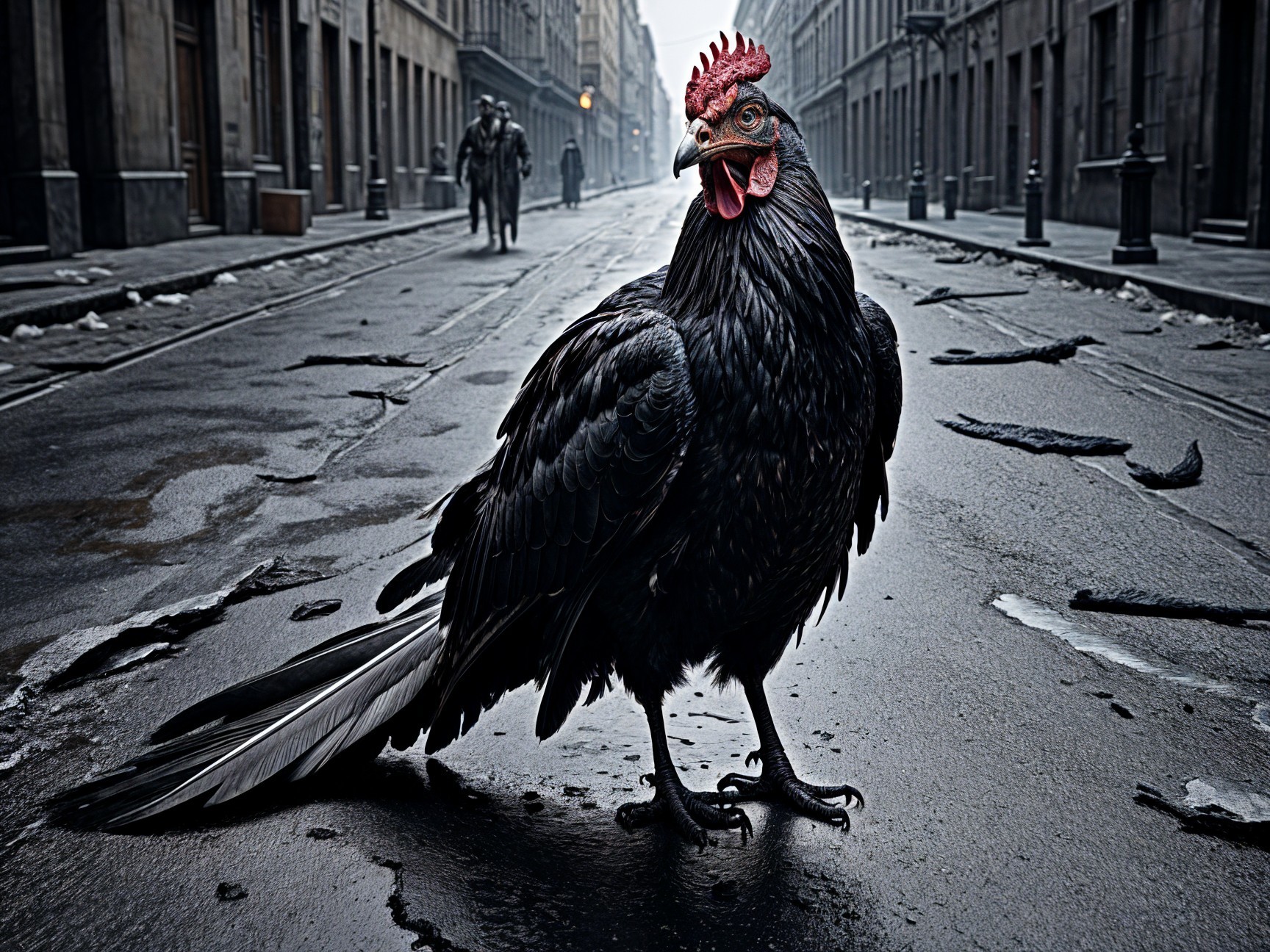 Black Chicken in Foggy Urban Street Scene