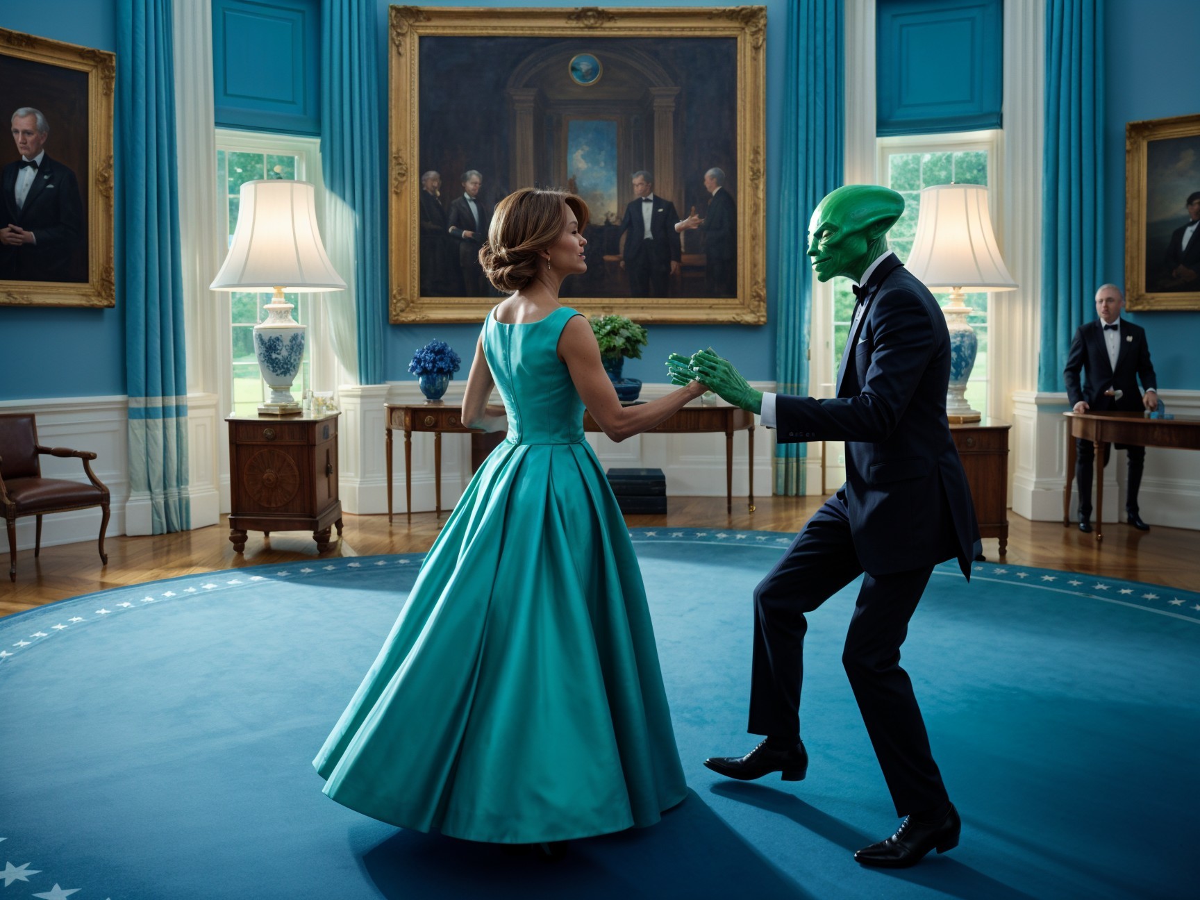 Teal Gown and Alien Tuxedo in Elegant Room Setting