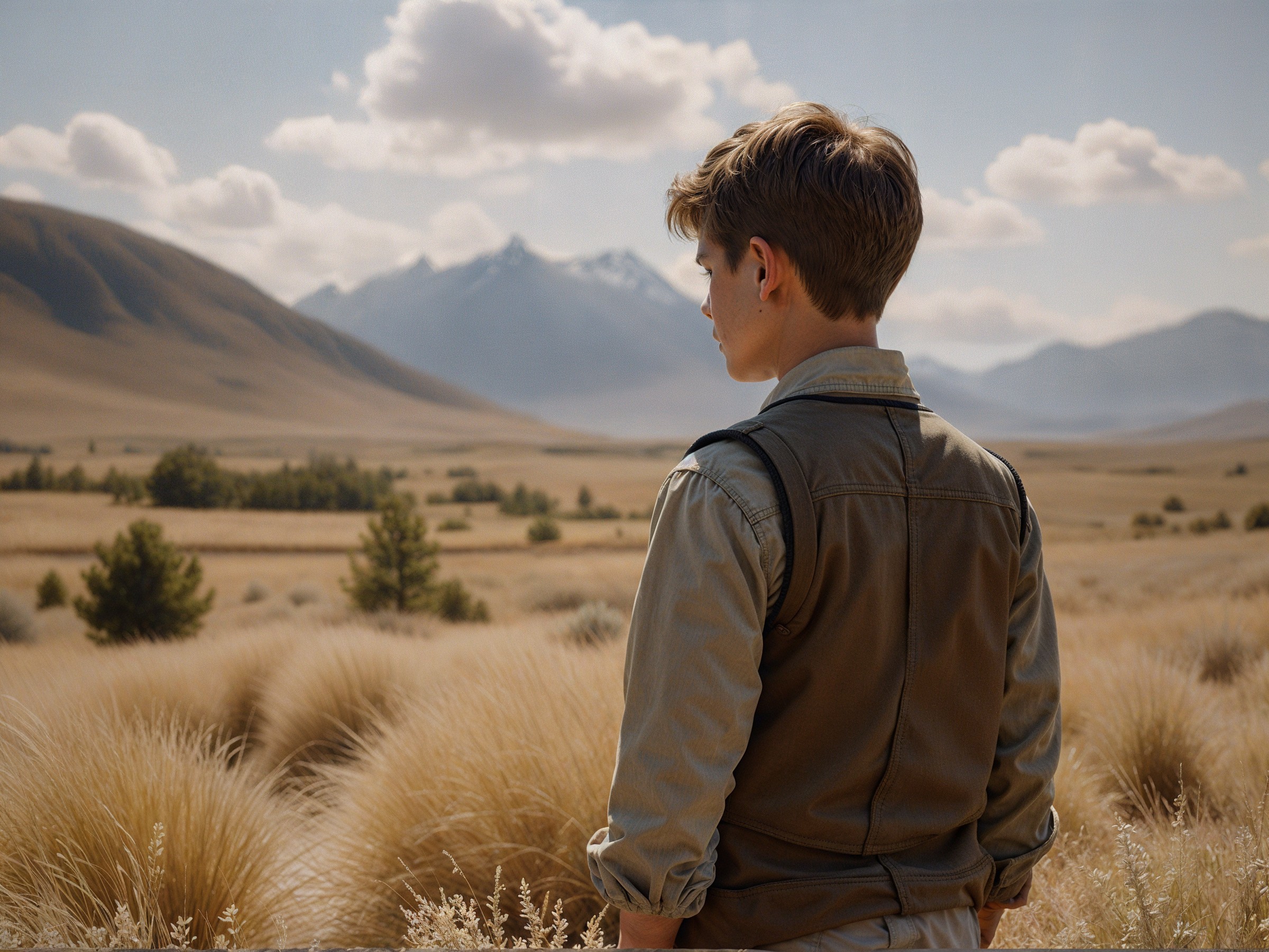 Young person in serene landscape with rolling hills