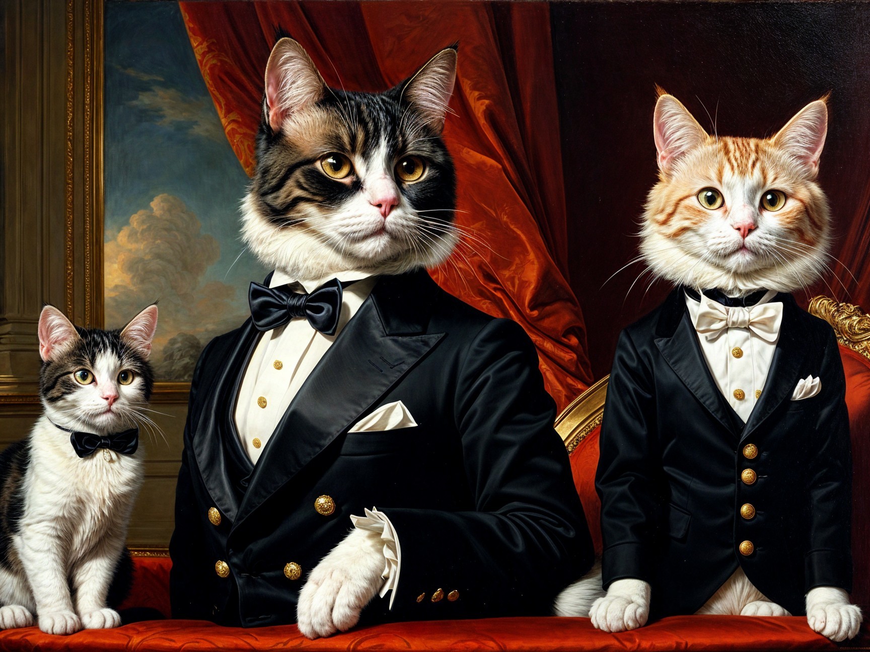 Whimsical Portrait of Elegantly Dressed Cats