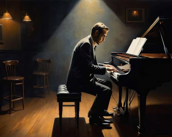 Dimly Lit Room with Man Playing Grand Piano
