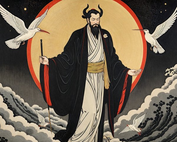 Regal figure in robes against a red moon backdrop