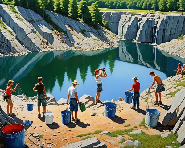 Lake Scene with People and Rocky Terrain Illustration