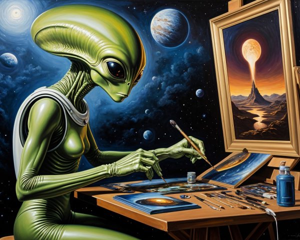 Green Extraterrestrial Painting Cosmic Landscape in Space