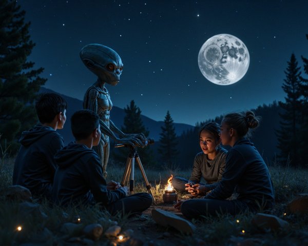 Alien Encounter with Children Under a Starry Sky