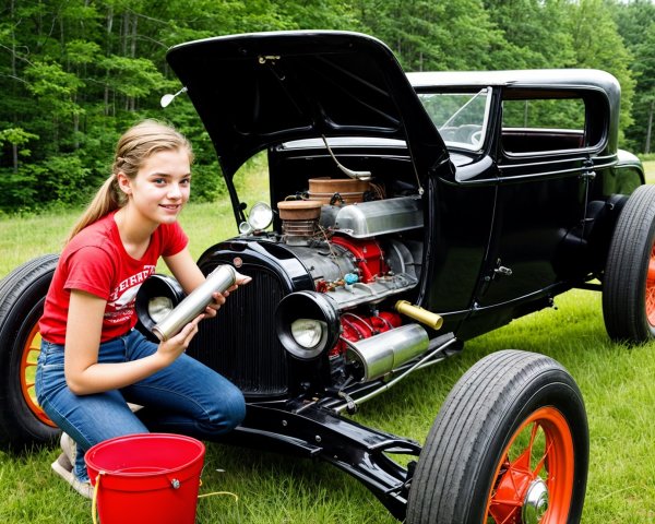 Young Girl Examines Engine of Classic Black Car