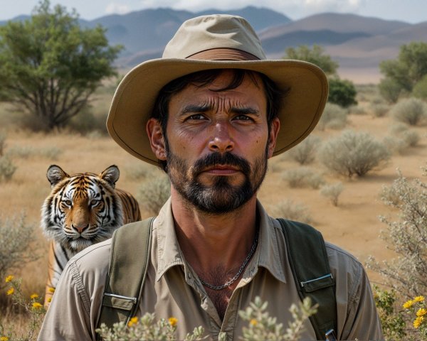 Rugged Man with Tiger in Serene Landscape Scene