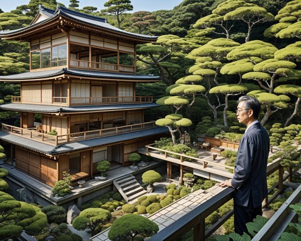 Man in formal attire on balcony overlooking garden
