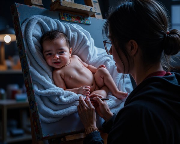 Cozy Studio Scene of Artist Painting Baby Portrait